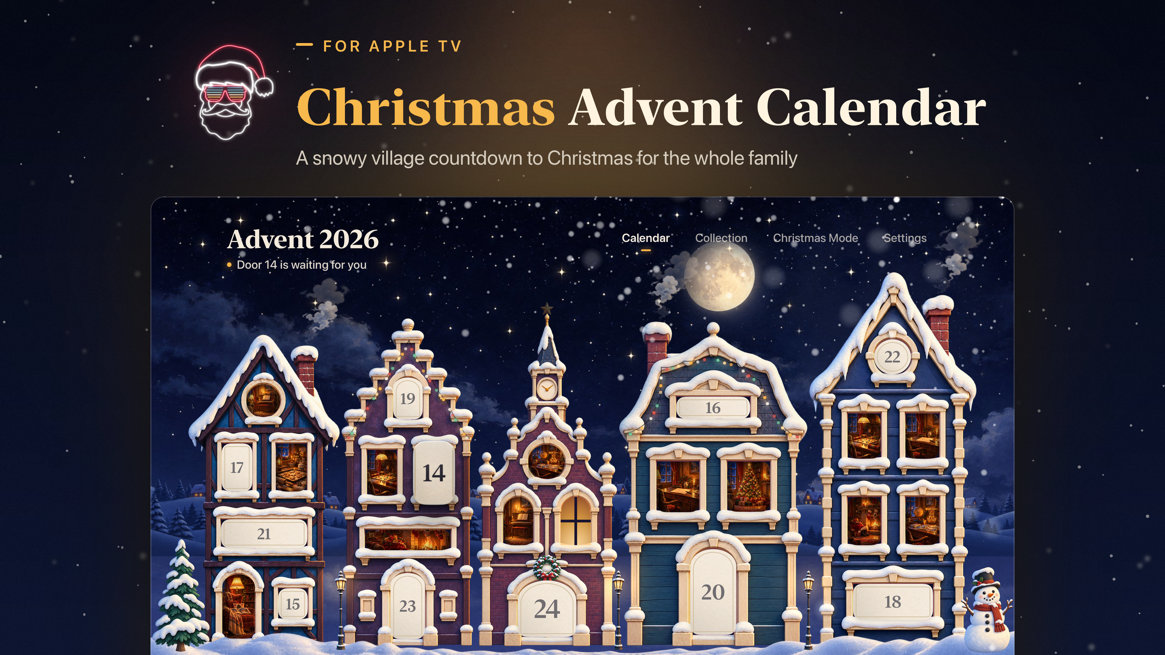 Christmas Advent Calendar on Apple TV: the snowy village street with a numbered door for every day