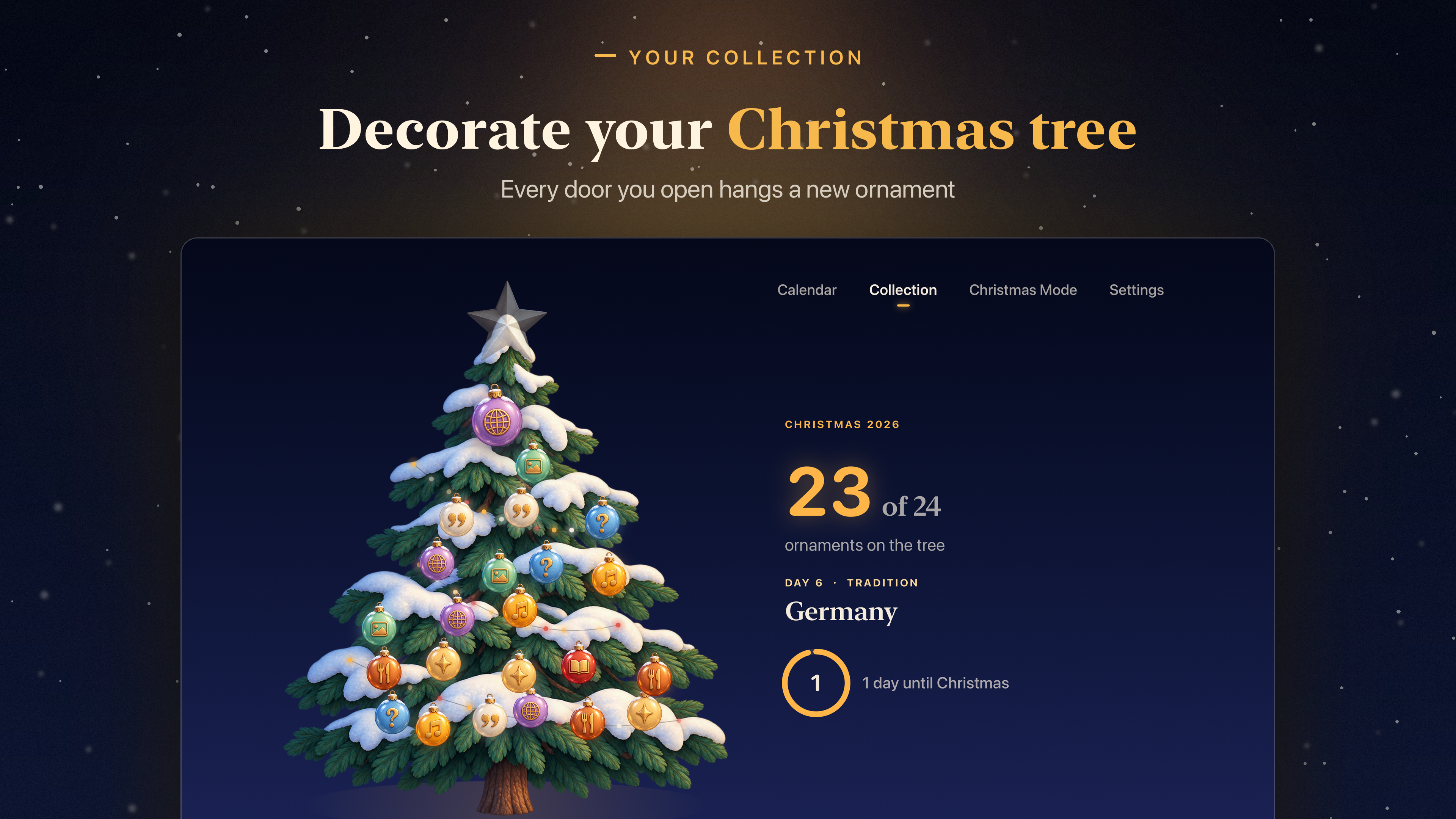 Christmas Advent Calendar on Apple TV: the Christmas tree collection with an ornament for every opened door