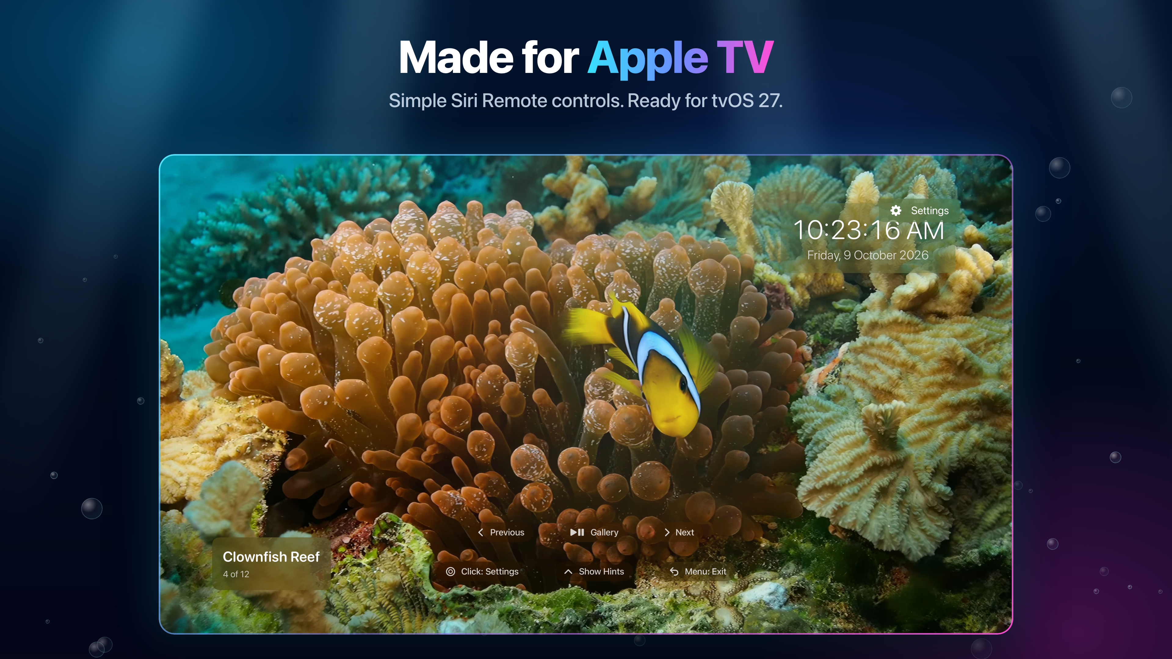 Live Aquarium on Apple TV: a clownfish reef with simple Siri Remote controls, ready for tvOS 27