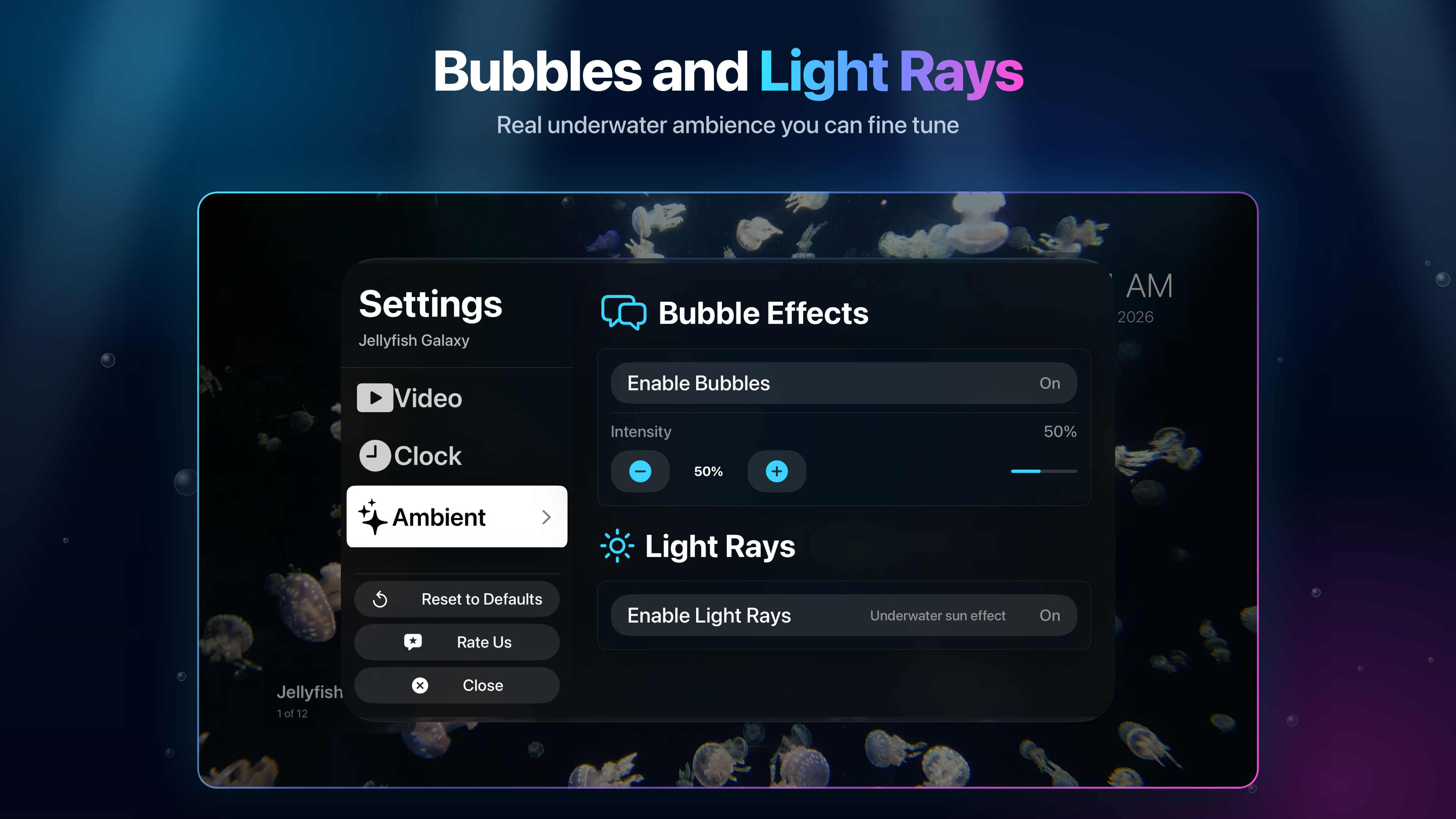 Live Aquarium on Apple TV: bubble and light ray effects you can fine-tune
