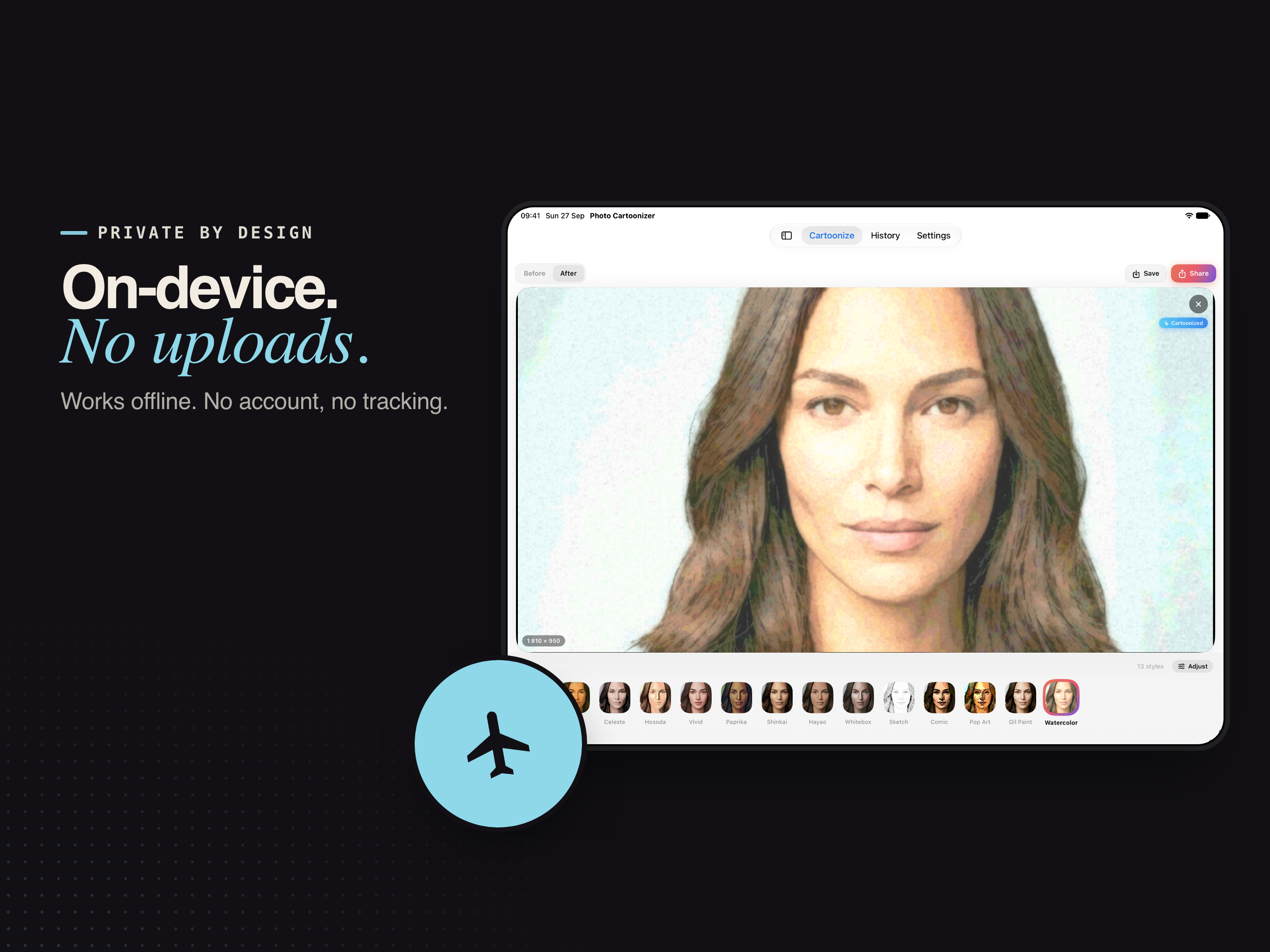 Photo Cartoonizer on iPad: on-device processing with no uploads, working offline