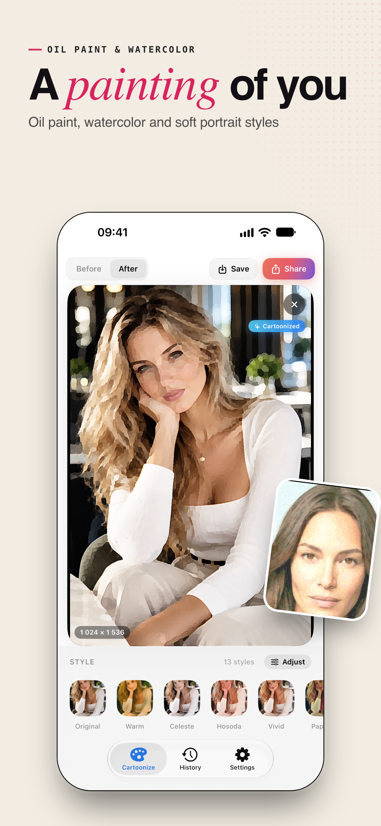 Photo Cartoonizer on iPhone: a portrait in the Oil Paint style