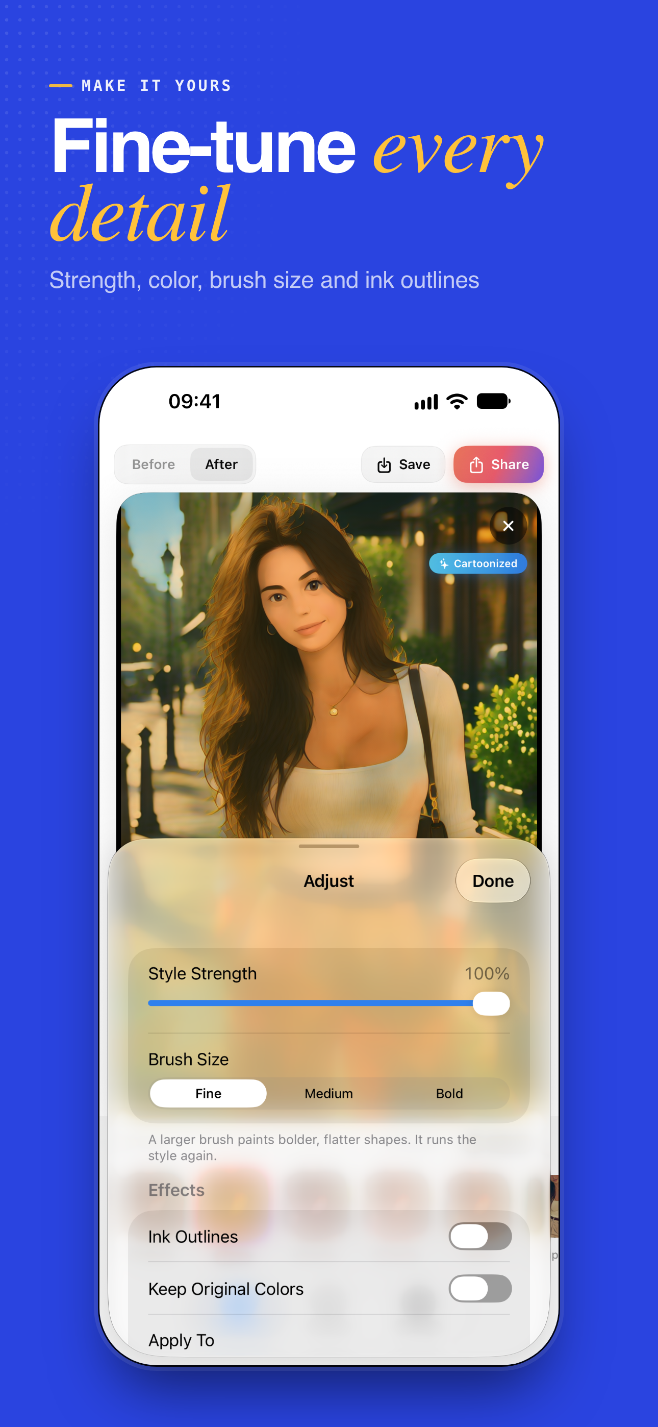 Photo Cartoonizer on iPhone: the Adjust panel with Style Strength, Brush Size, Ink Outlines and Keep Original Colors