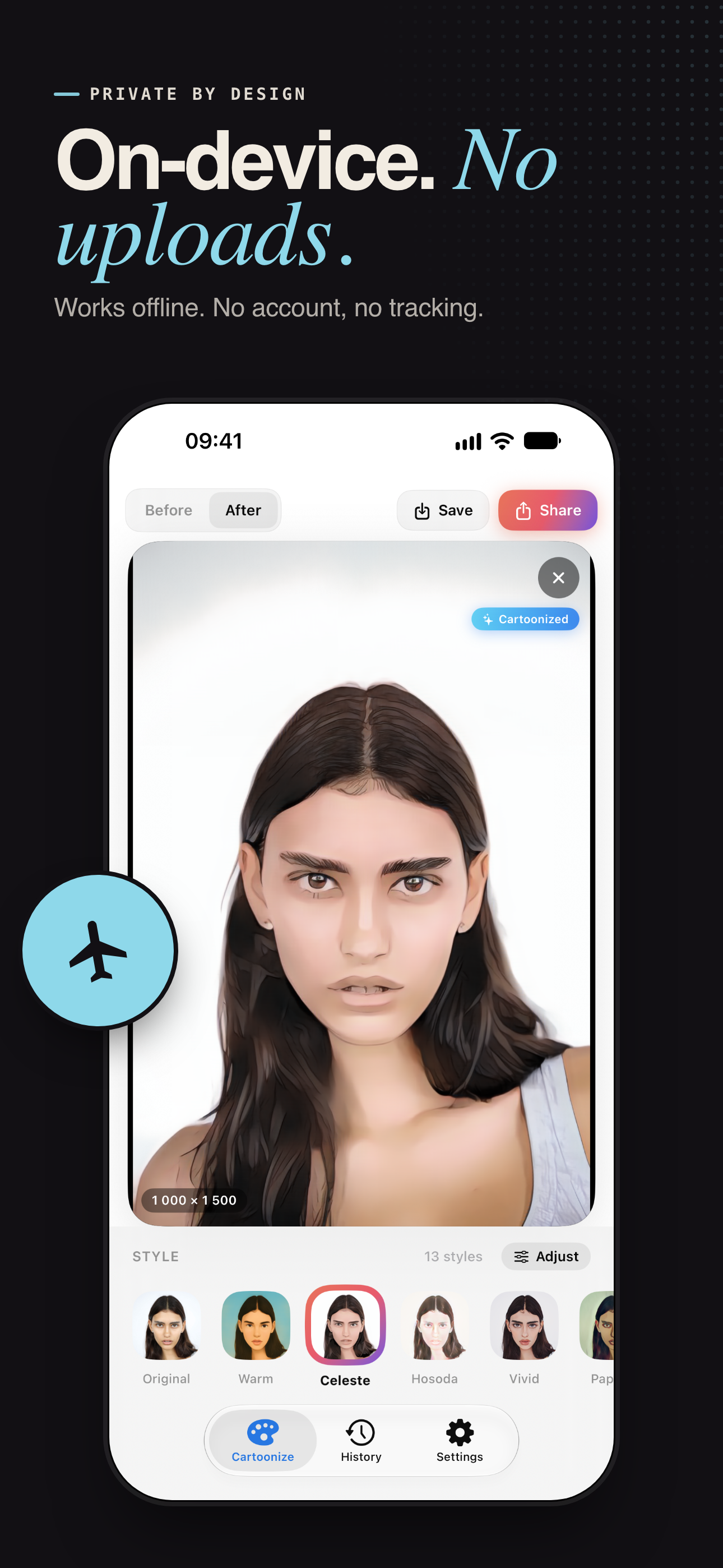 Photo Cartoonizer on iPhone: on-device processing with no uploads, working offline