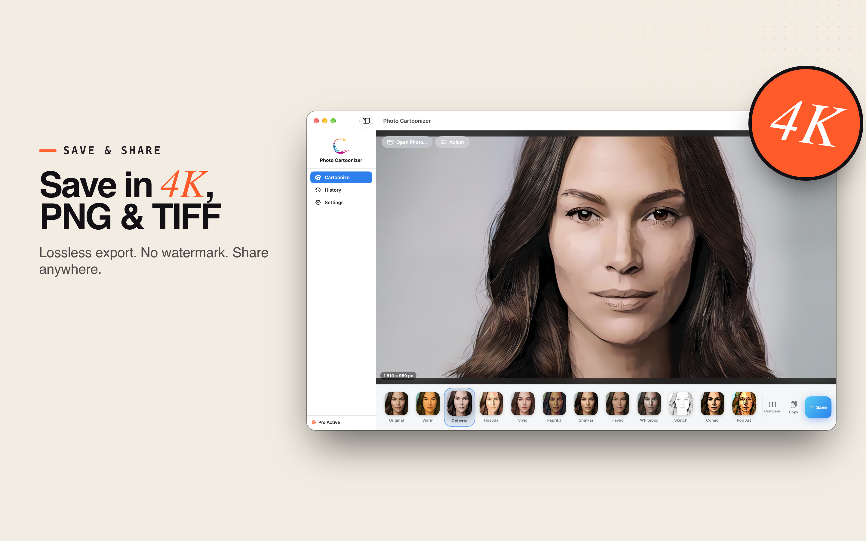 Photo Cartoonizer on Mac: saving the result in 4K as JPEG, PNG or TIFF