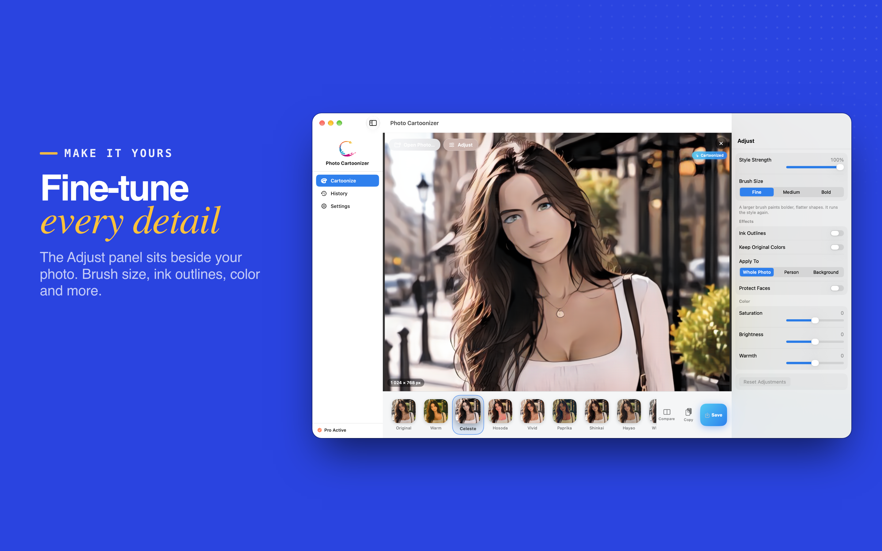Photo Cartoonizer on Mac: the Adjust panel with Style Strength, Brush Size, Ink Outlines and Keep Original Colors
