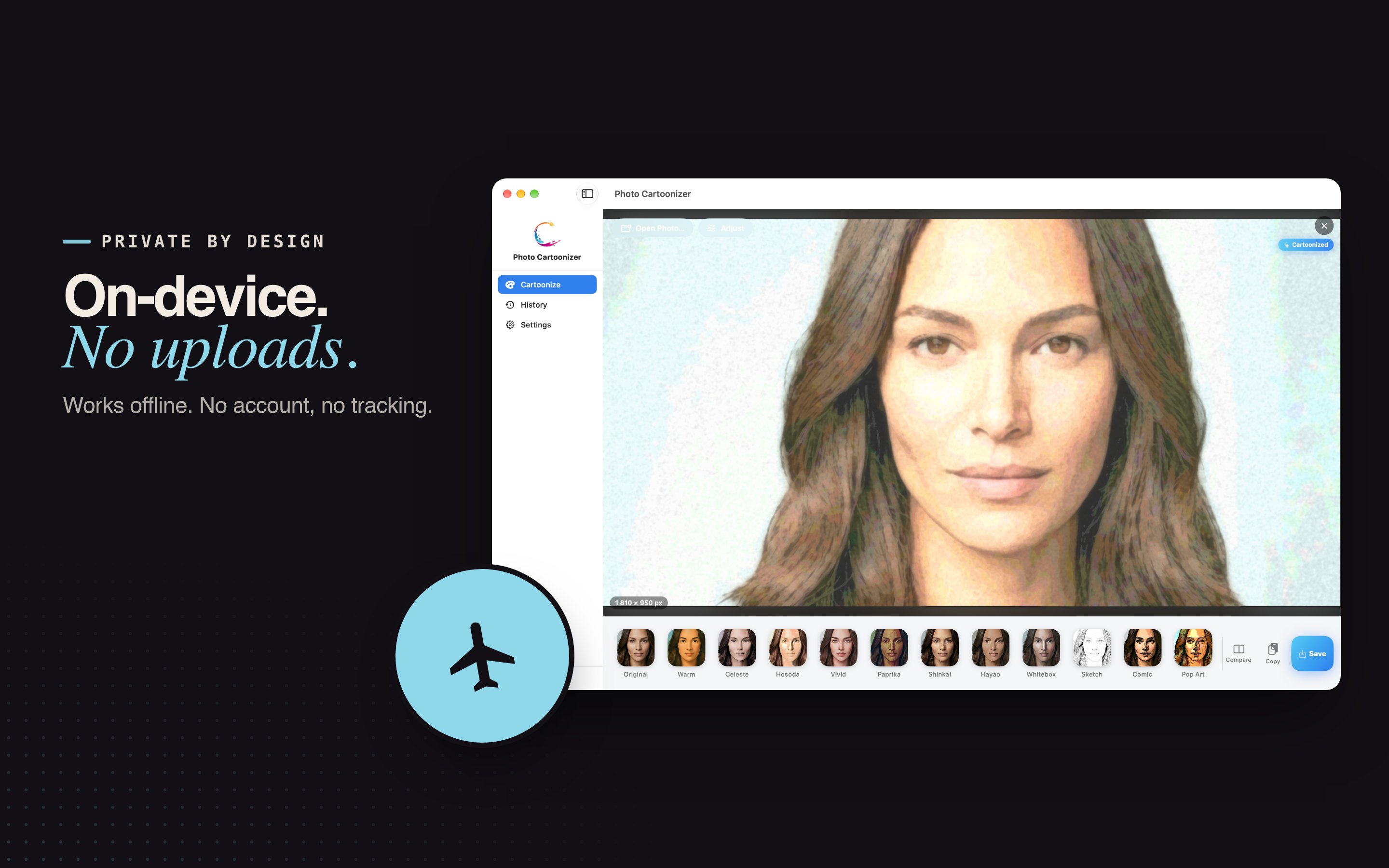 Photo Cartoonizer on Mac: on-device processing with no uploads, working offline
