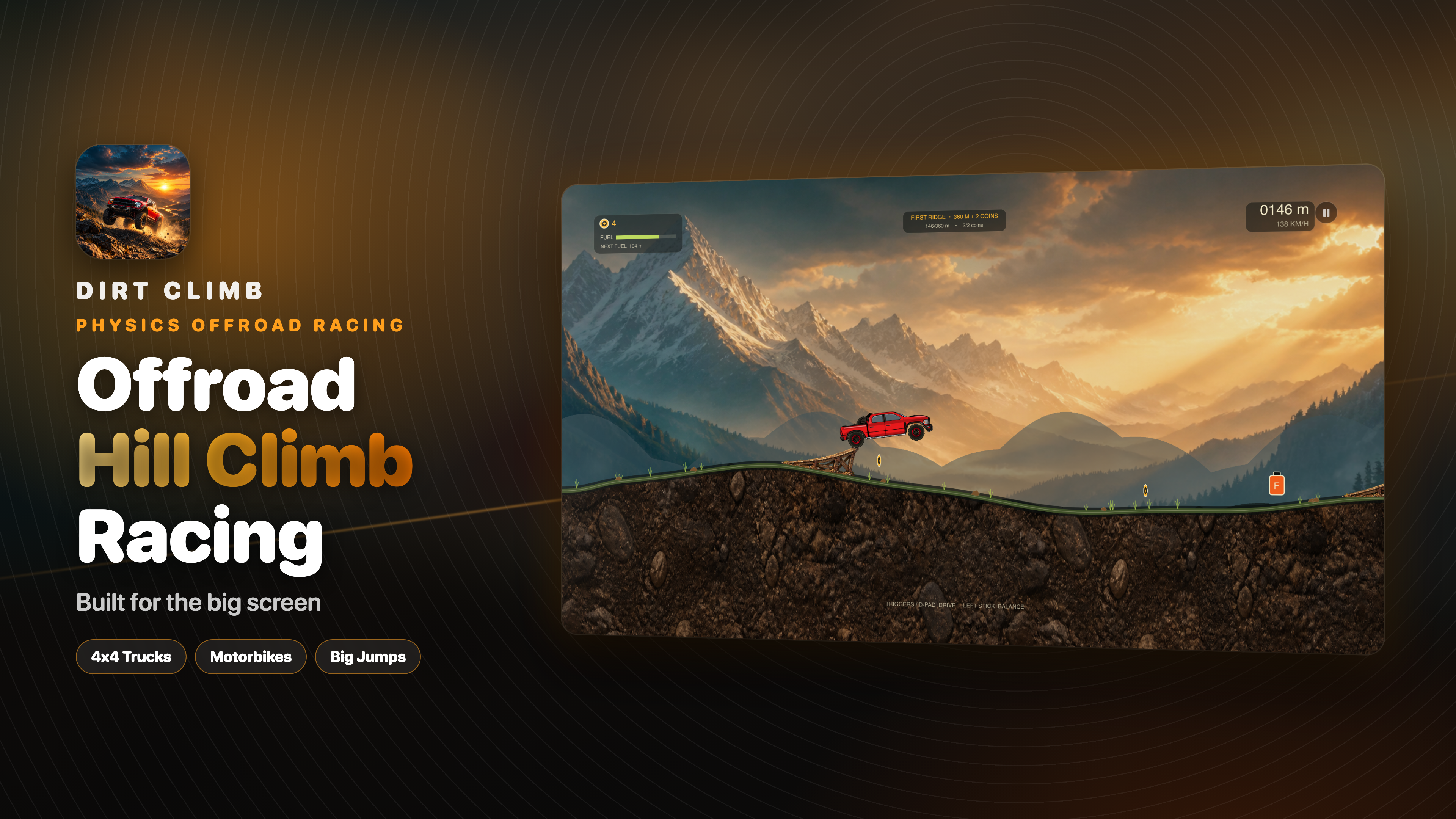 Dirt Climb on Apple TV with a red 4x4 climbing a mountain trail at sunset