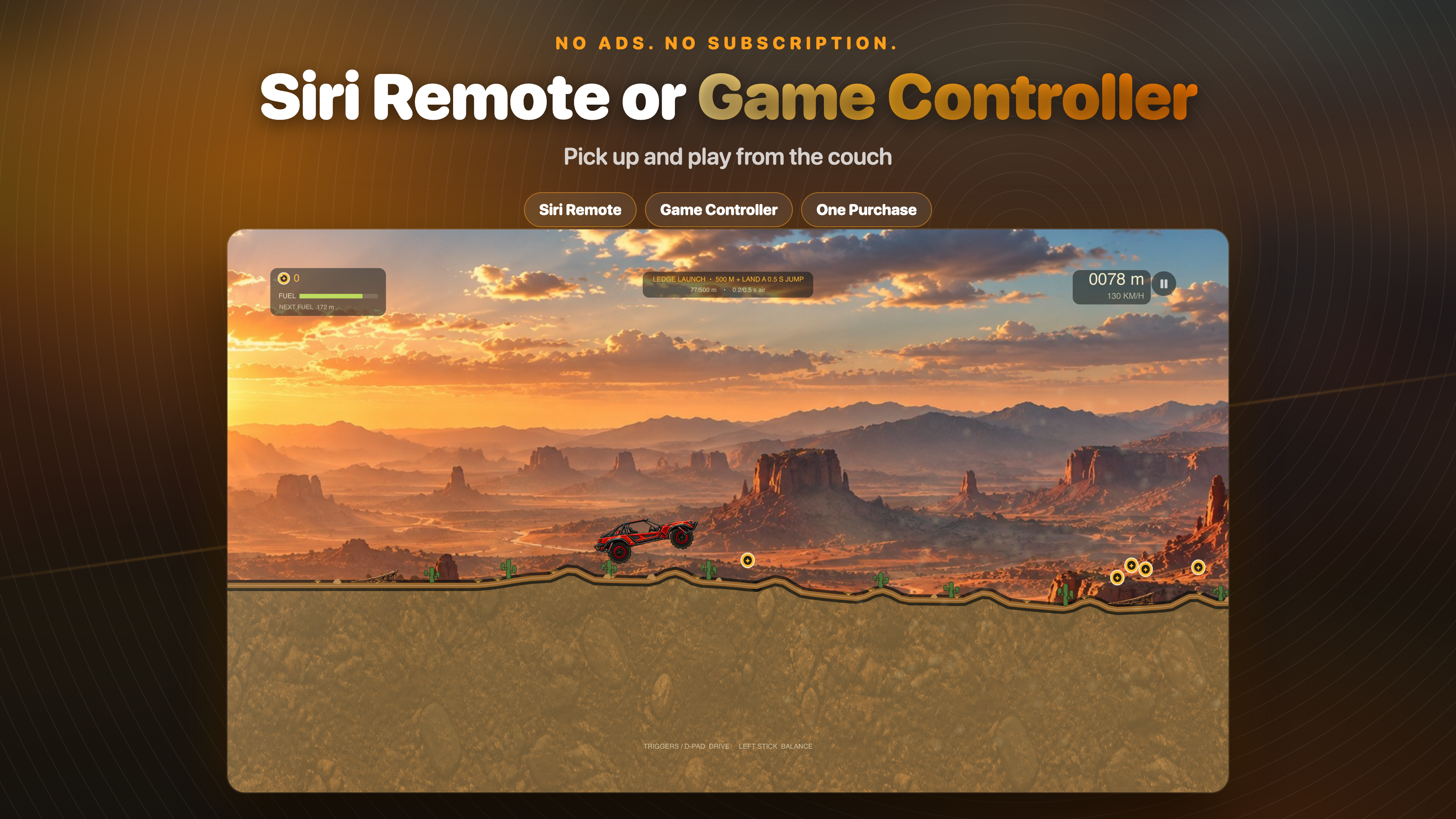 Dirt Climb on Apple TV with a truck on a desert route, played with the Siri Remote or a game controller