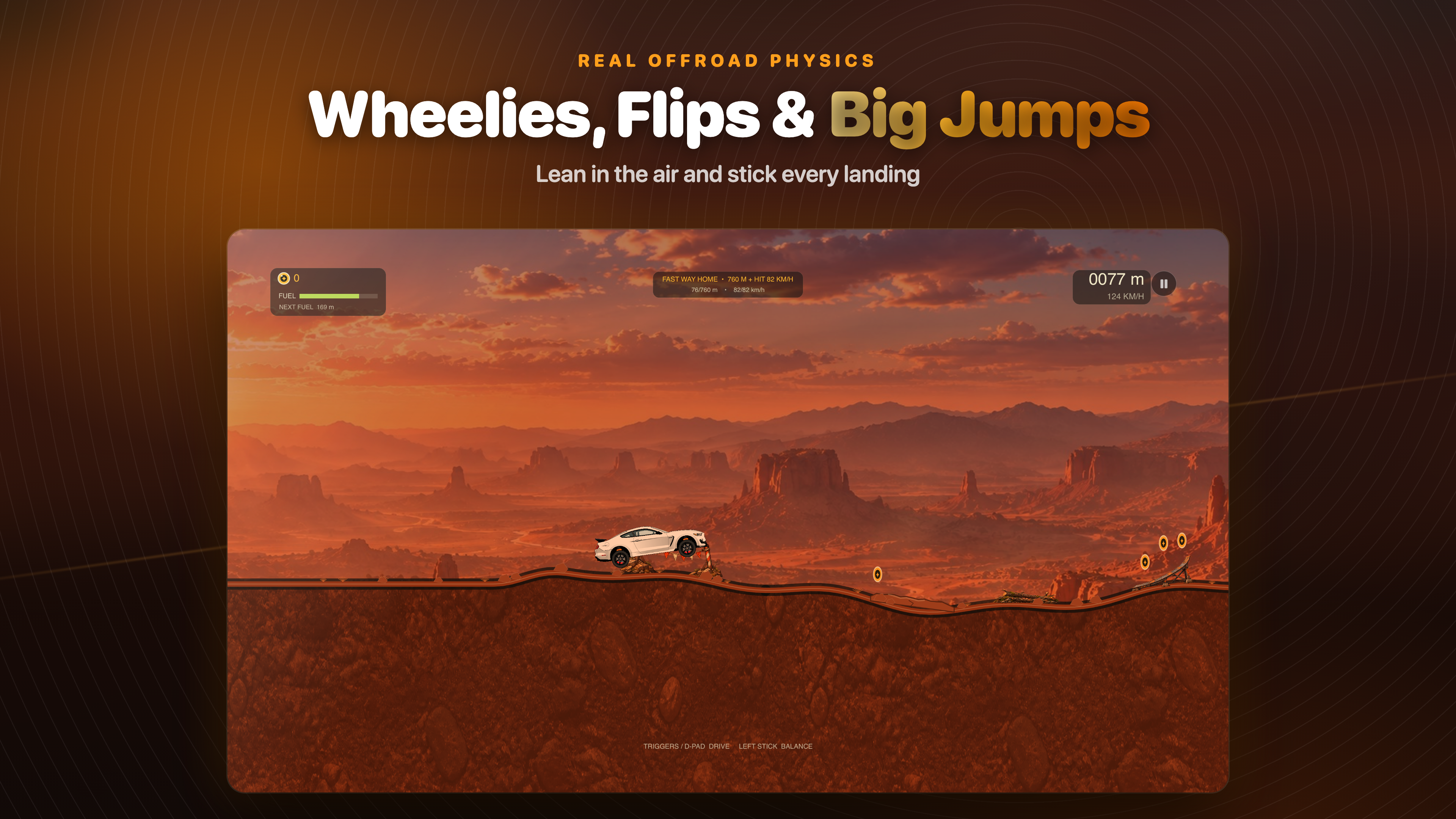 Dirt Climb on Apple TV: a car in the air over red rock, leaning for the landing