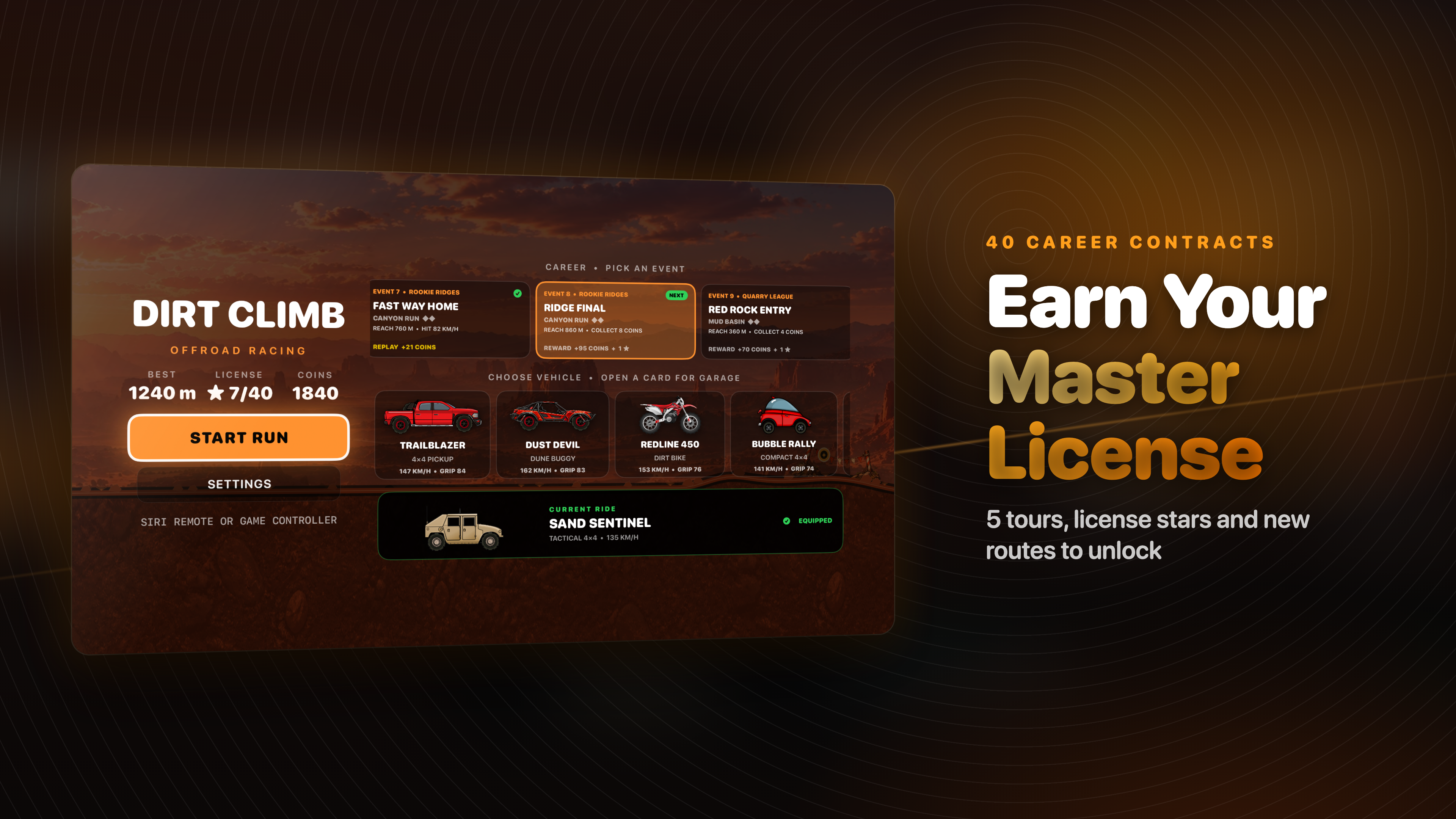 Dirt Climb on Apple TV: the career screen with license stars, contracts and vehicles