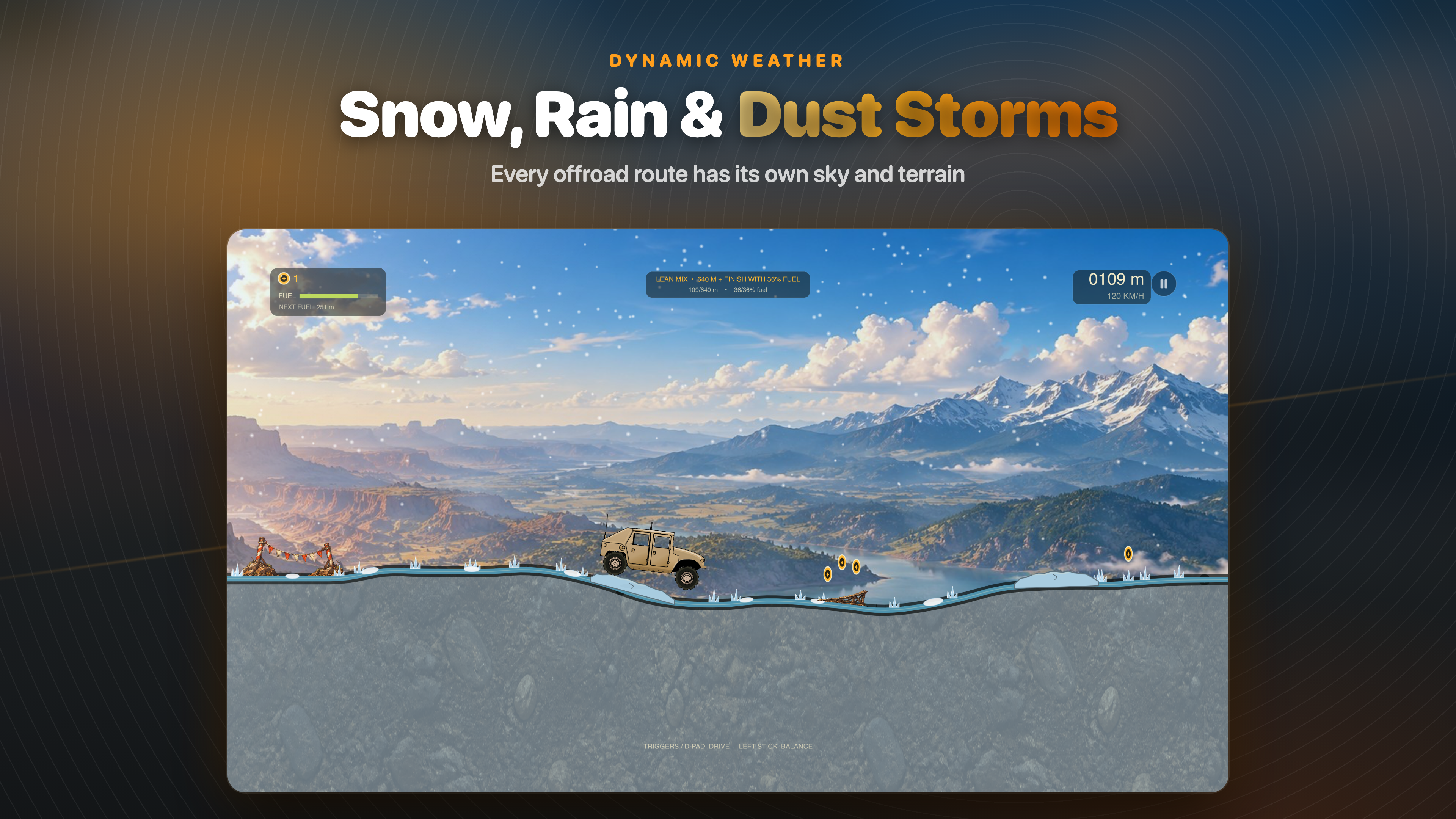 Dirt Climb on Apple TV: a 4x4 crossing a snowy route under a mountain sky