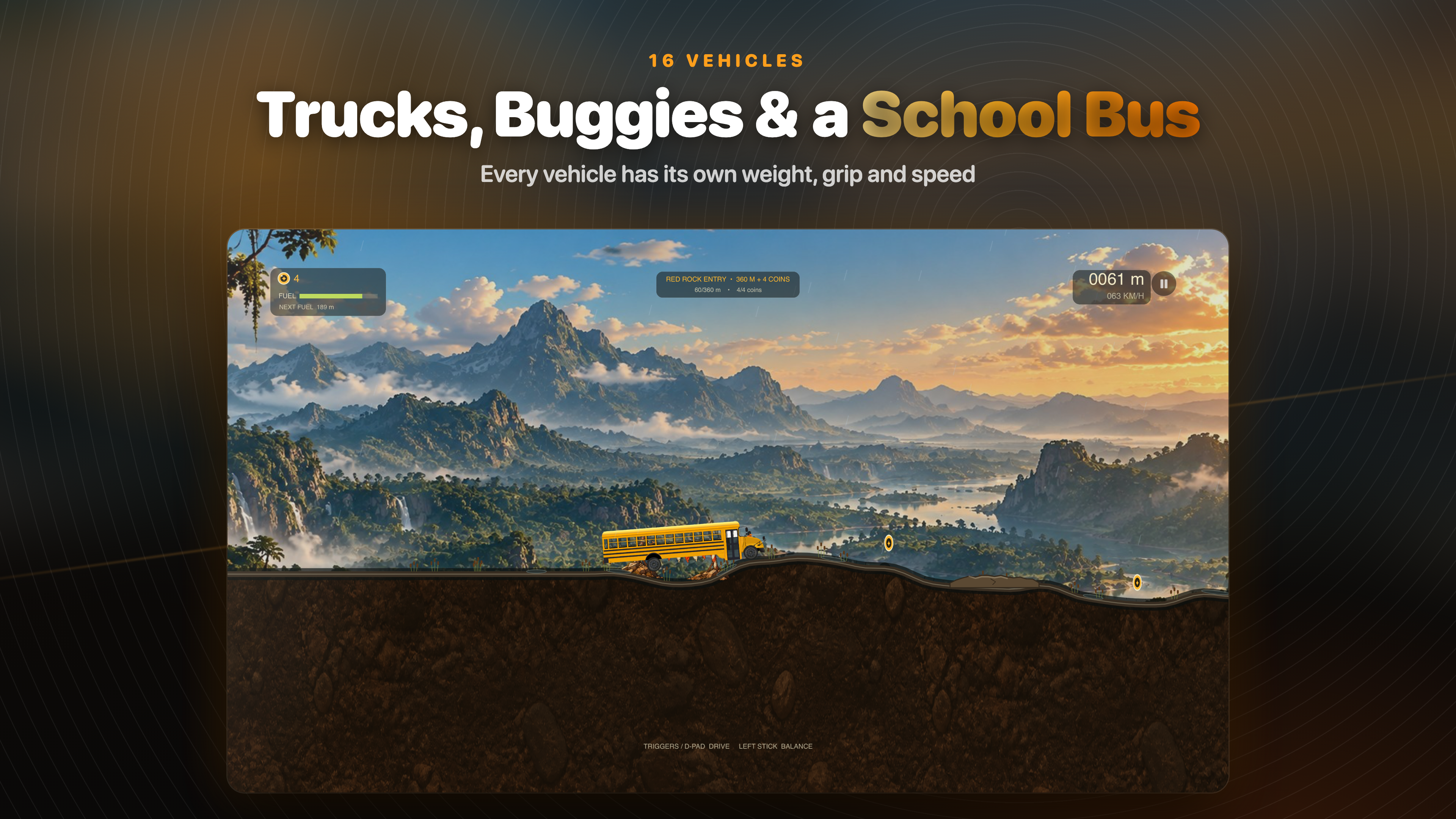 Dirt Climb on Apple TV: the yellow school bus on a green valley route
