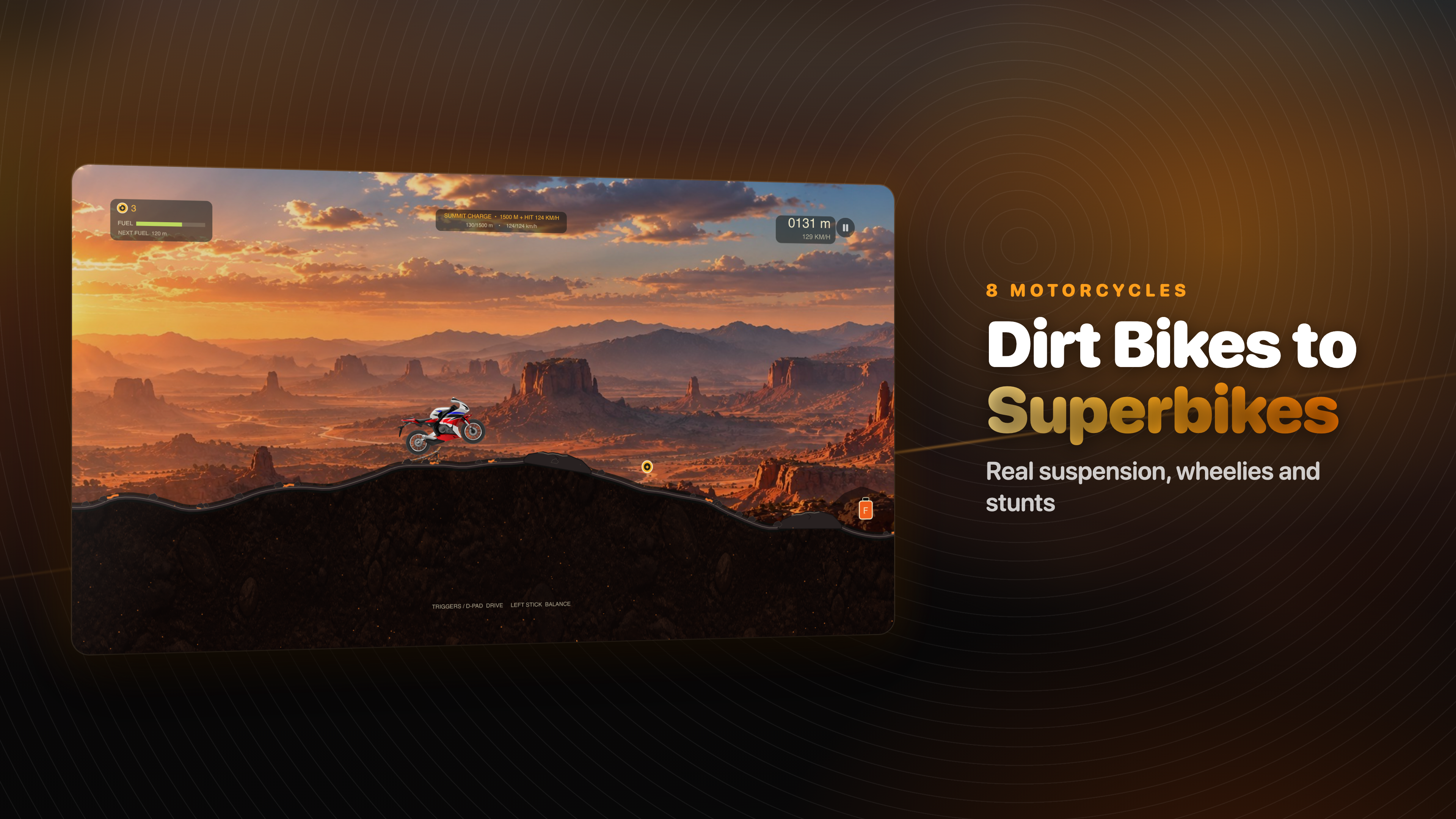 Dirt Climb on Apple TV: a dirt bike riding through a canyon at dusk