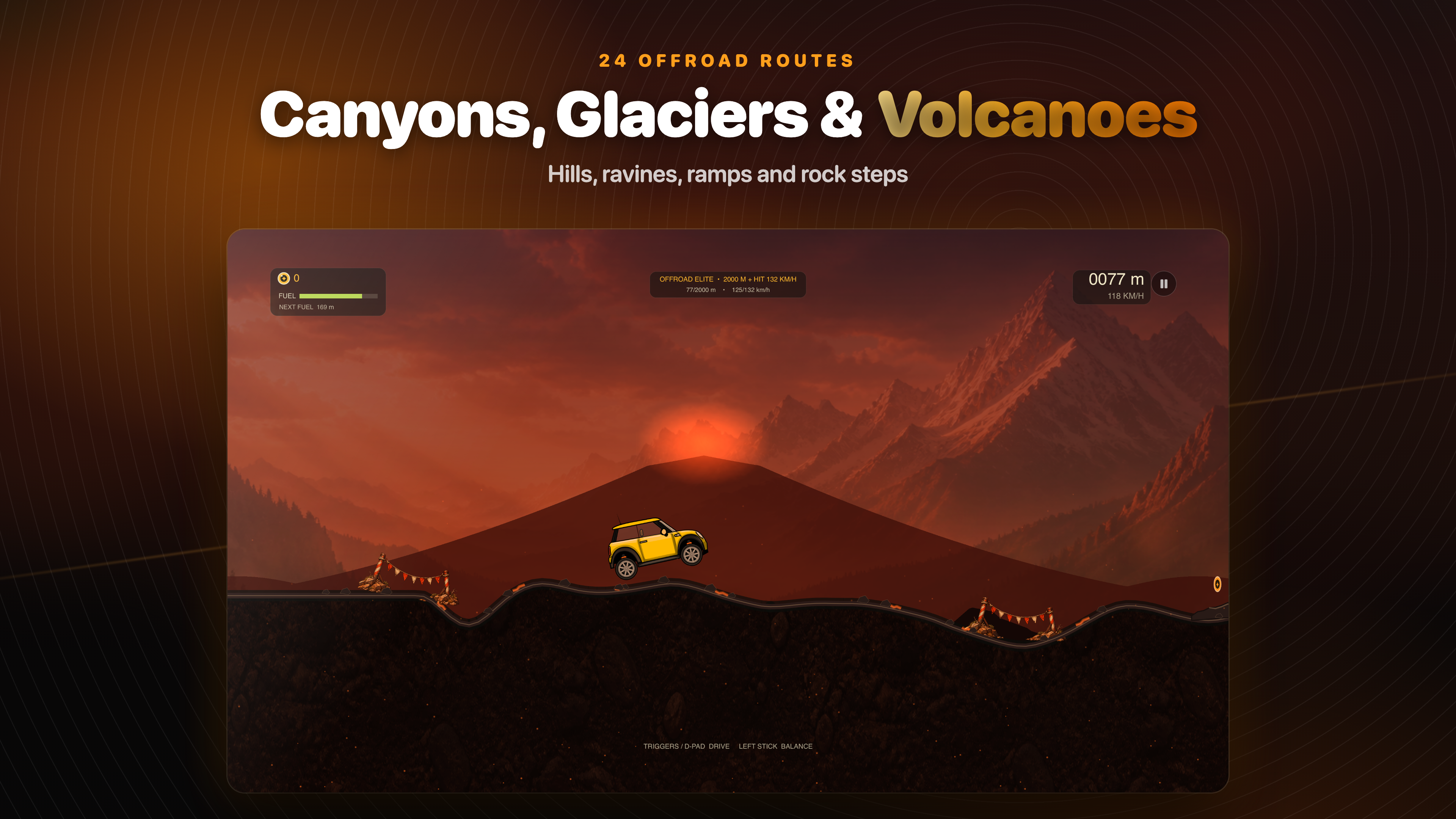 Dirt Climb on Apple TV: a yellow 4x4 climbing a volcano