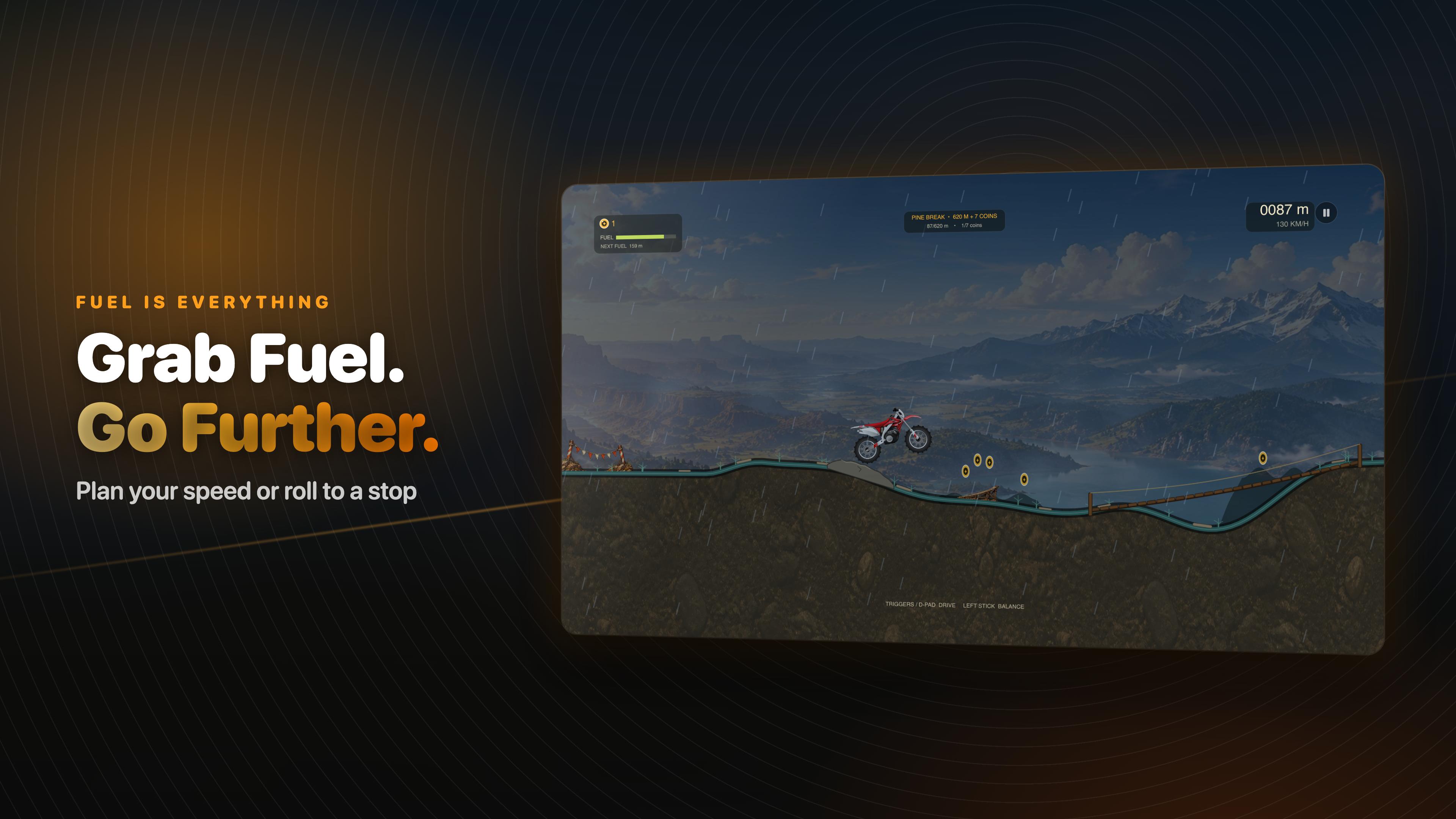 Dirt Climb on Apple TV: a motorcycle on a coastal route, with the fuel gauge running down