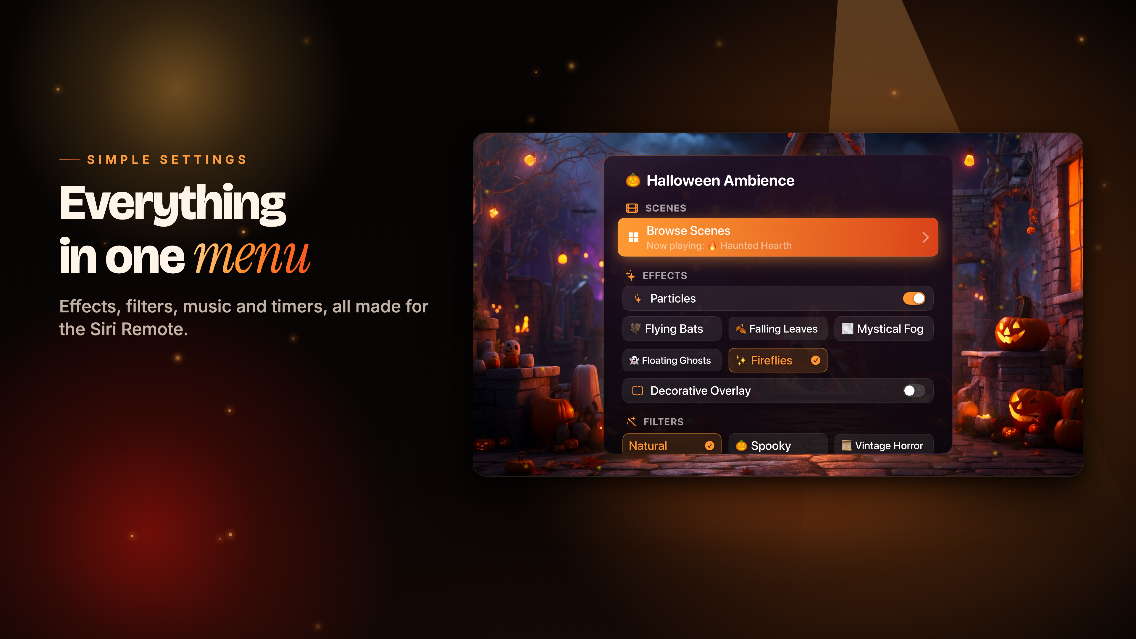 Spooky Halloween Party 4K on Apple TV: one menu for effects, filters, music and timers