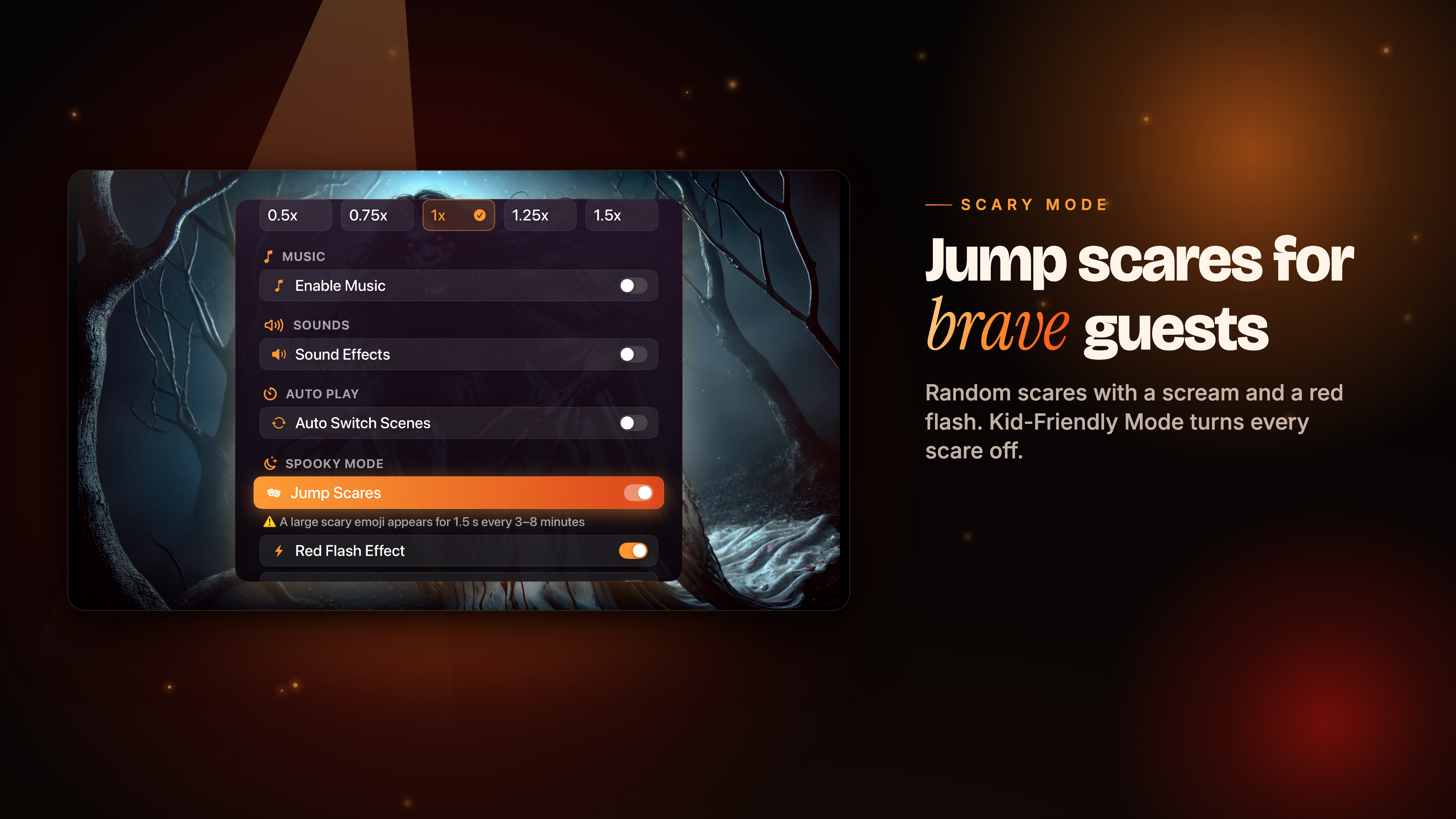 Spooky Halloween Party 4K on Apple TV: jump scare settings with a Kid-Friendly Mode