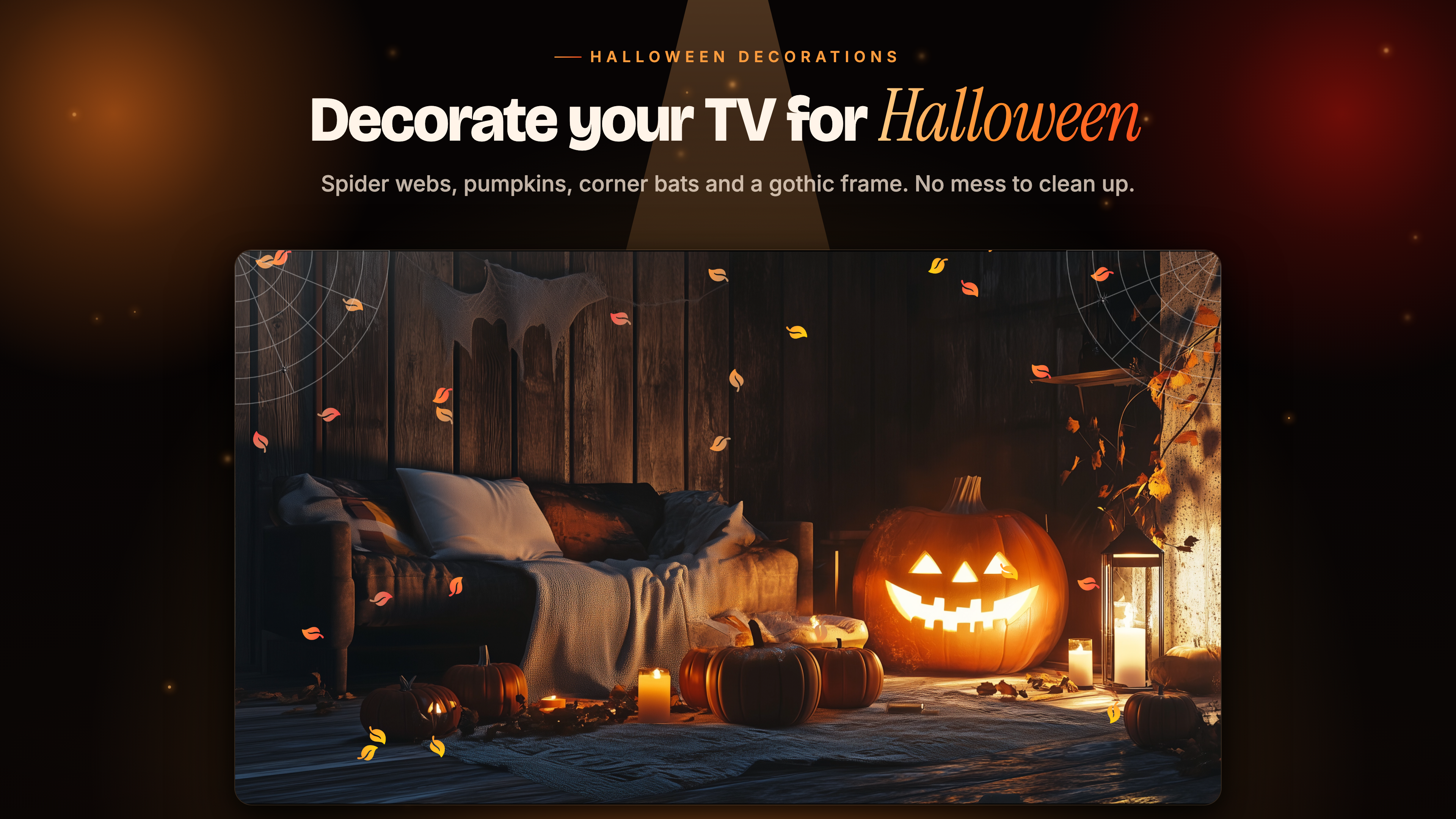 Spooky Halloween Party 4K on Apple TV: a decorative overlay of spider webs, pumpkins and corner bats