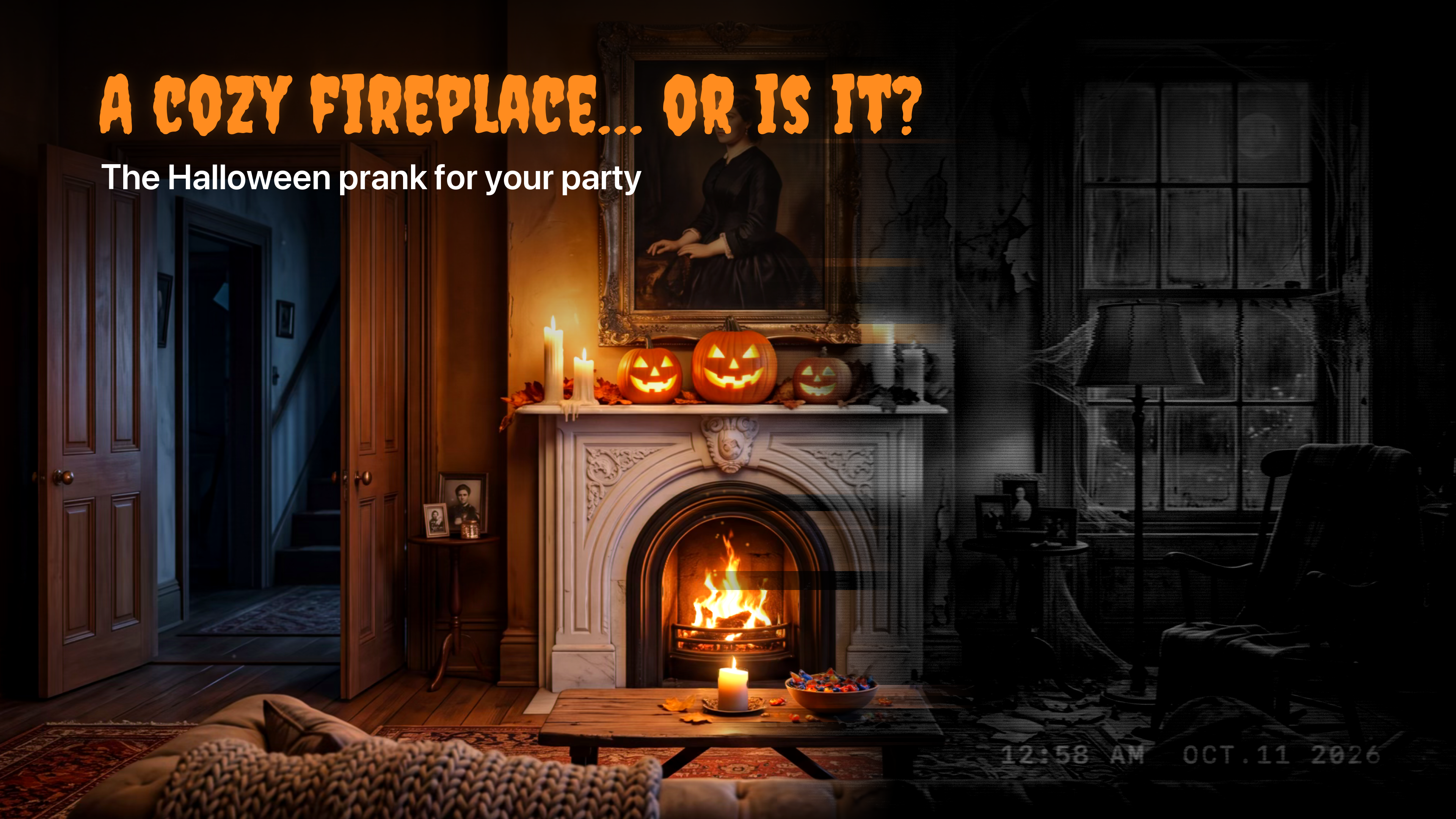 Haunted TV on Apple TV: a cozy fireplace with pumpkins and candles, or is it?
