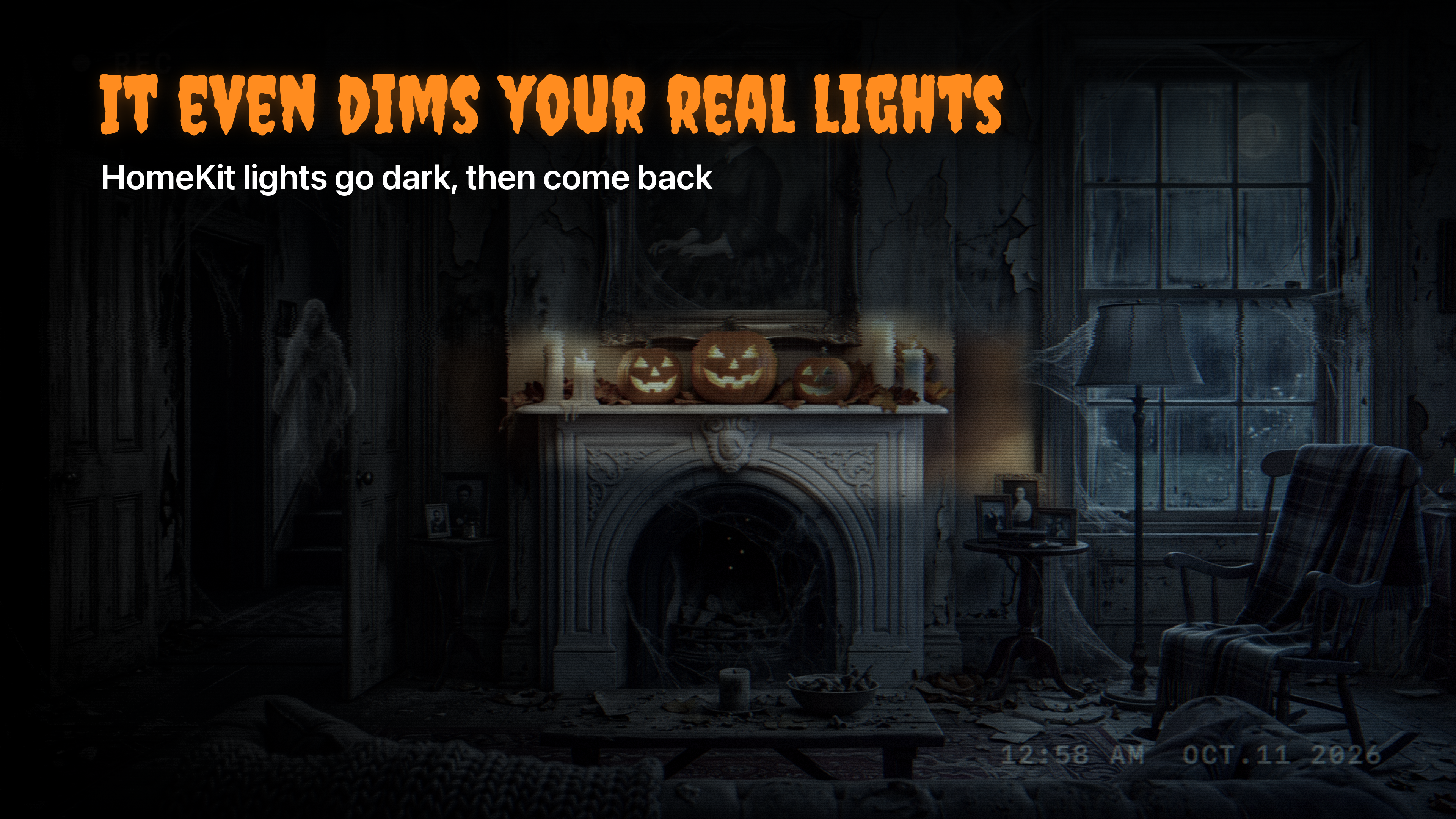 Haunted TV on Apple TV: a dimmed living room as HomeKit lights go dark