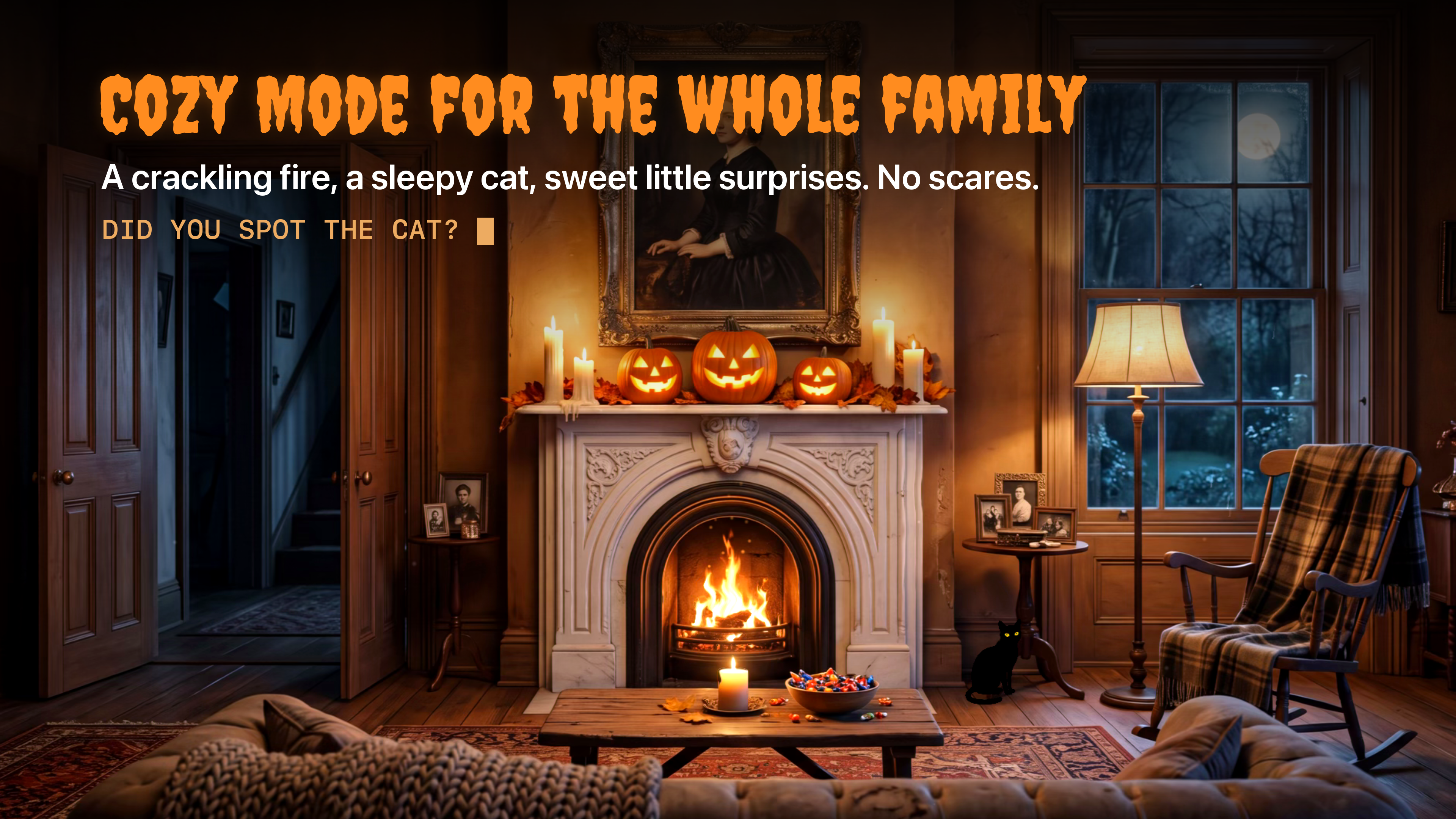 Haunted TV on Apple TV: Cozy mode for the whole family, with a crackling fire and a sleepy cat