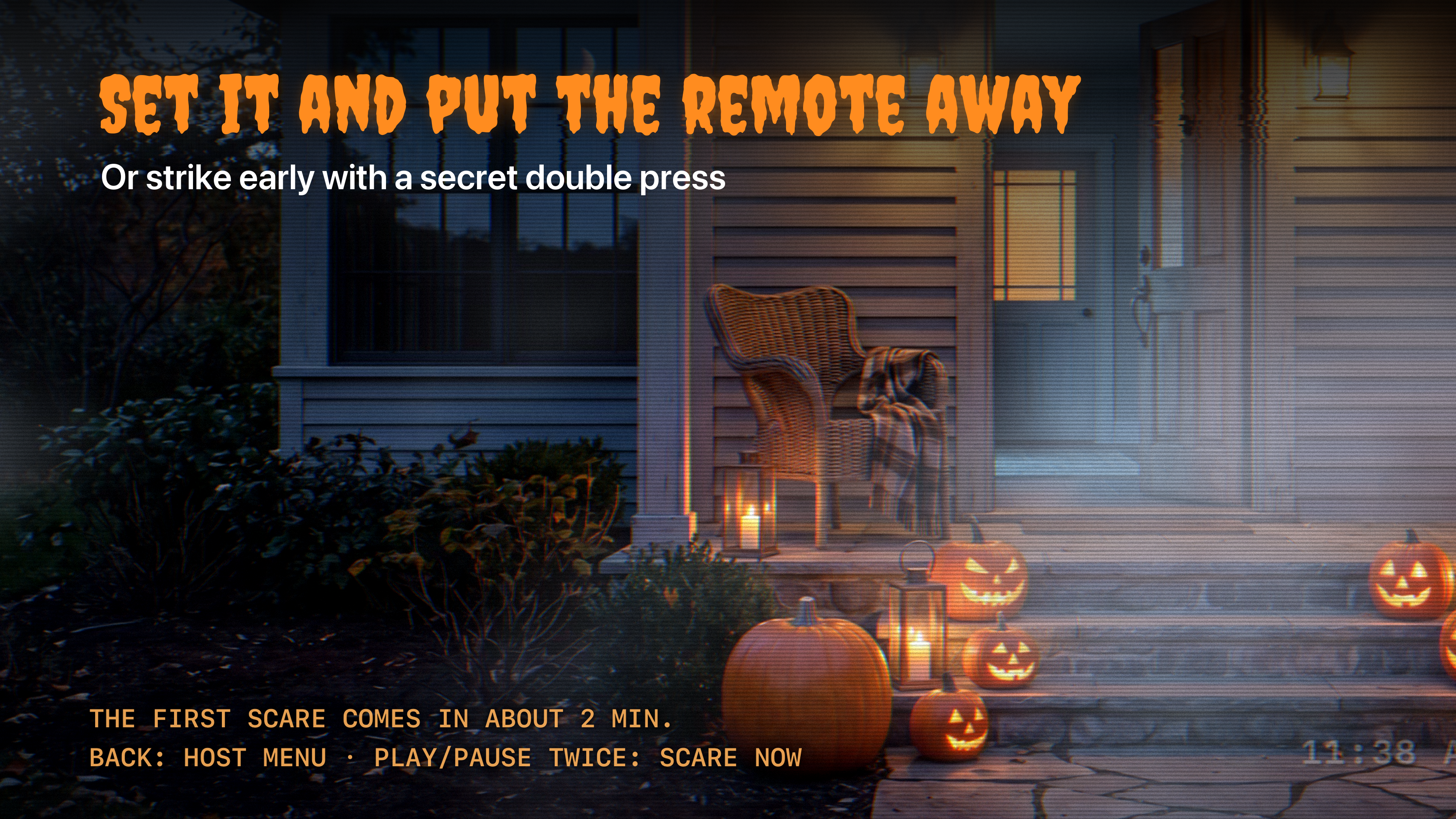 Haunted TV on Apple TV: a front porch full of pumpkins, with the first scare set for later