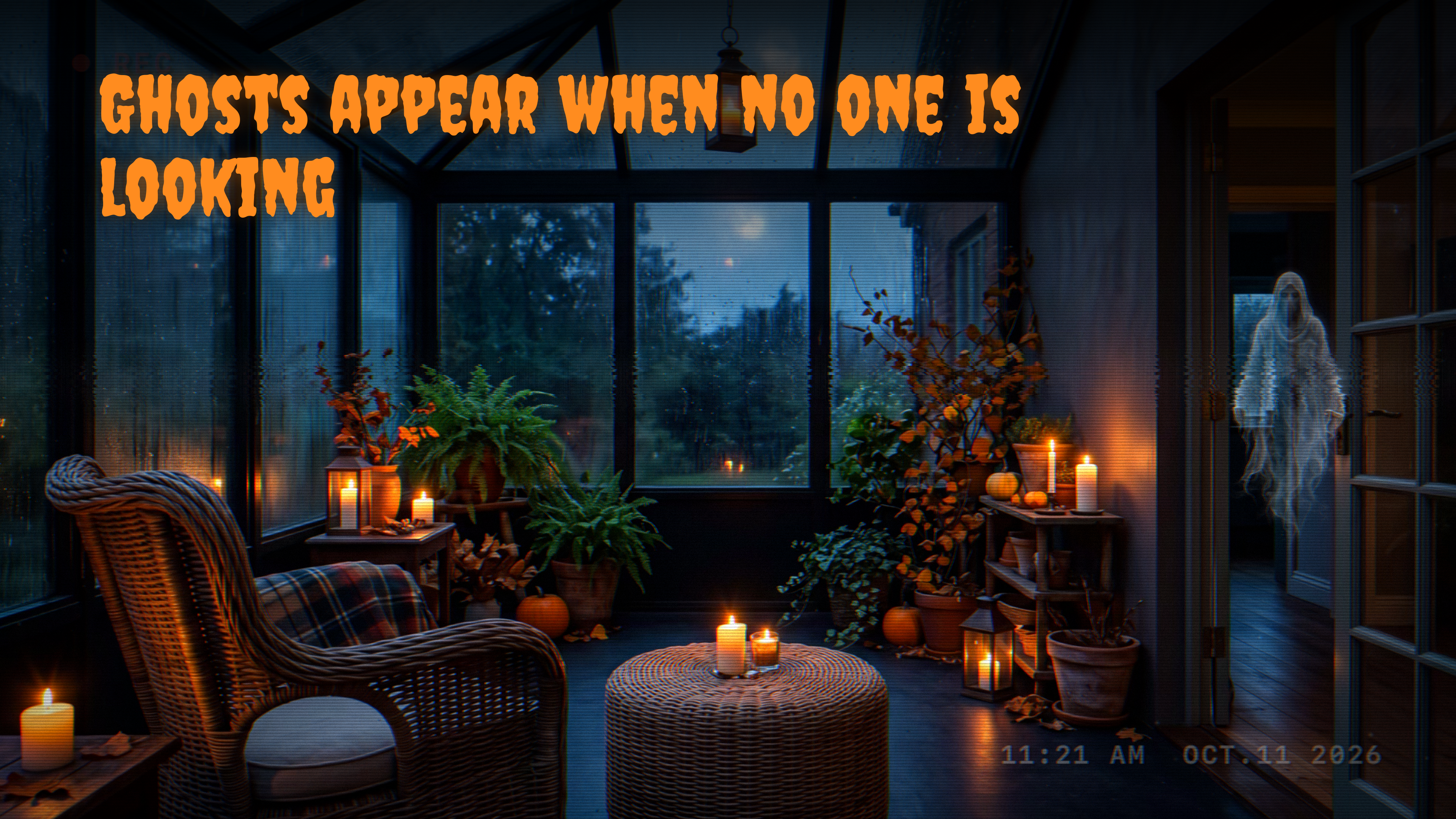 Haunted TV on Apple TV: a ghost appearing in the doorway of a candlelit sunroom