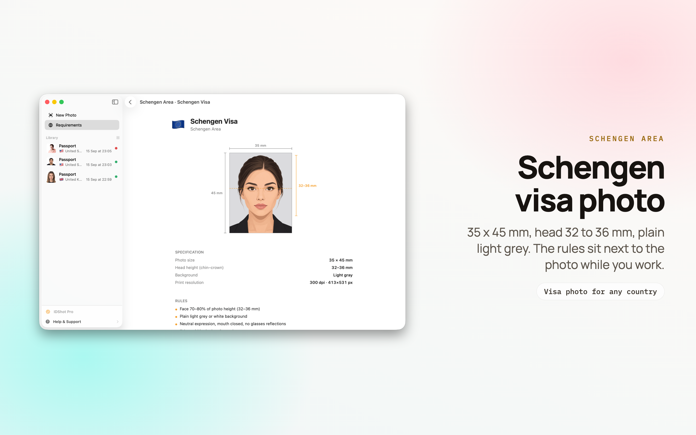 IDShot on Mac showing the Schengen visa photo specification beside the photo