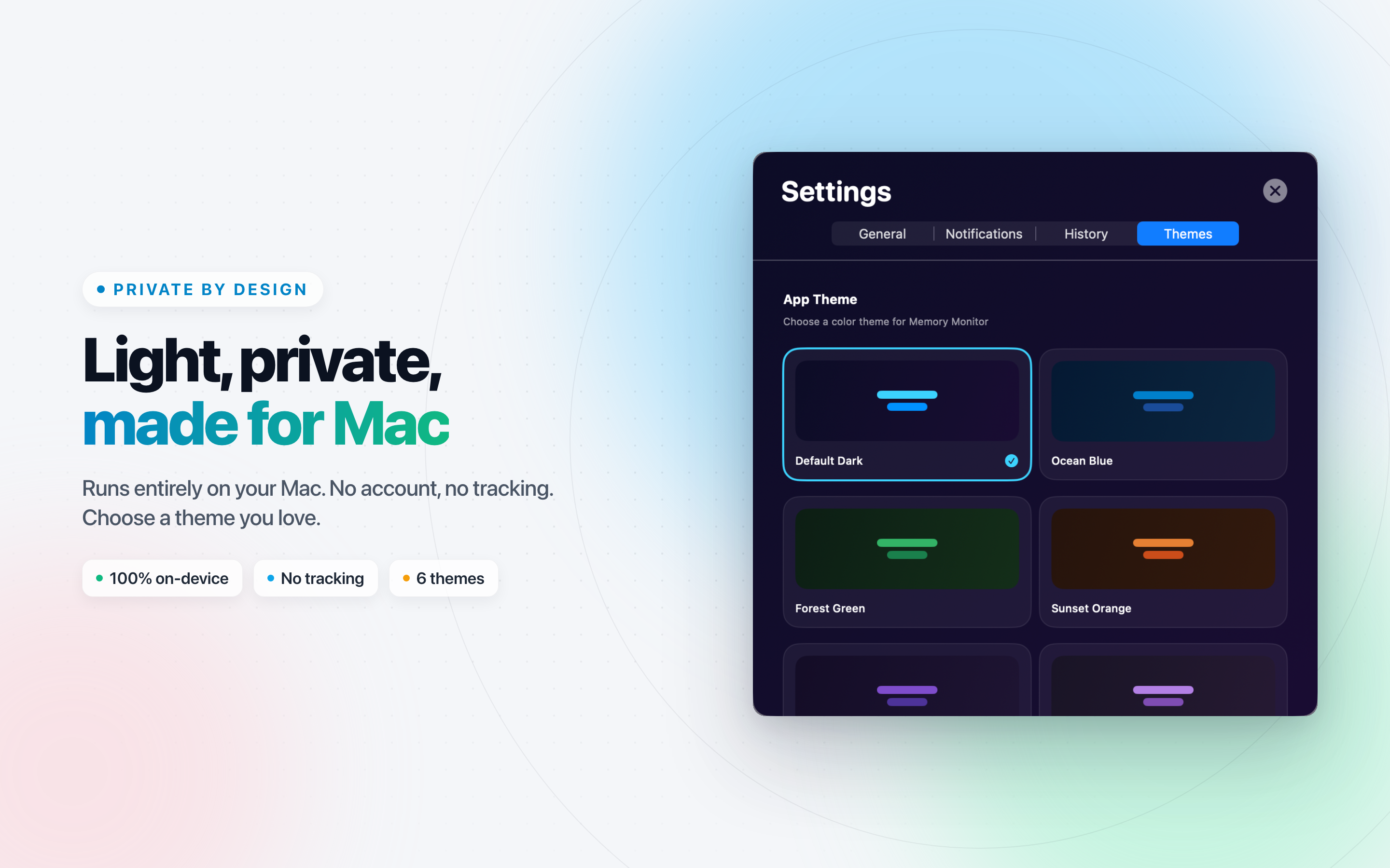 Memory Monitor on Mac: app themes, running entirely on the Mac with no account and no tracking