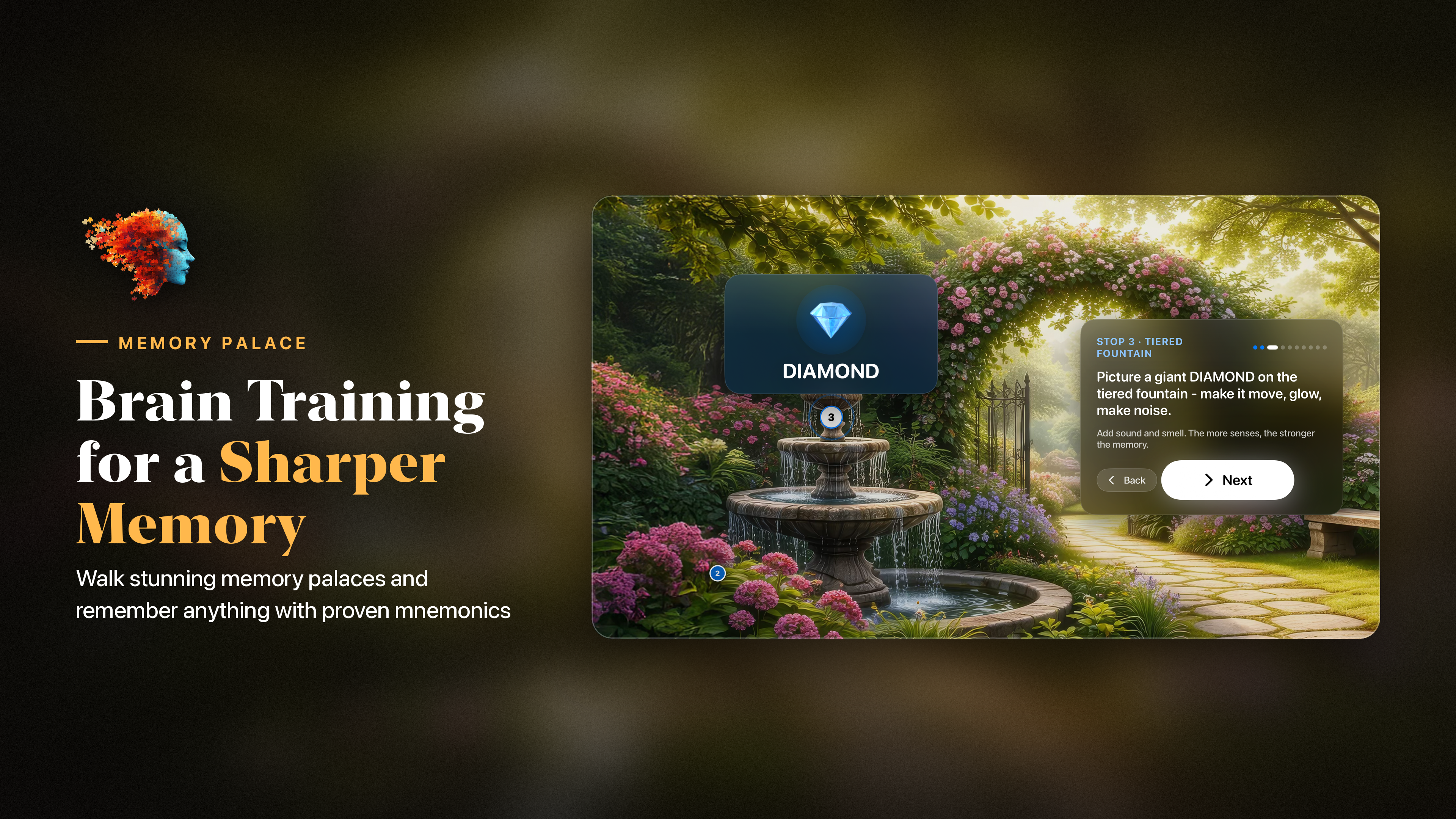 Memory Palace on Apple TV: a guided stop in the Garden Path palace, placing a diamond on the tiered fountain
