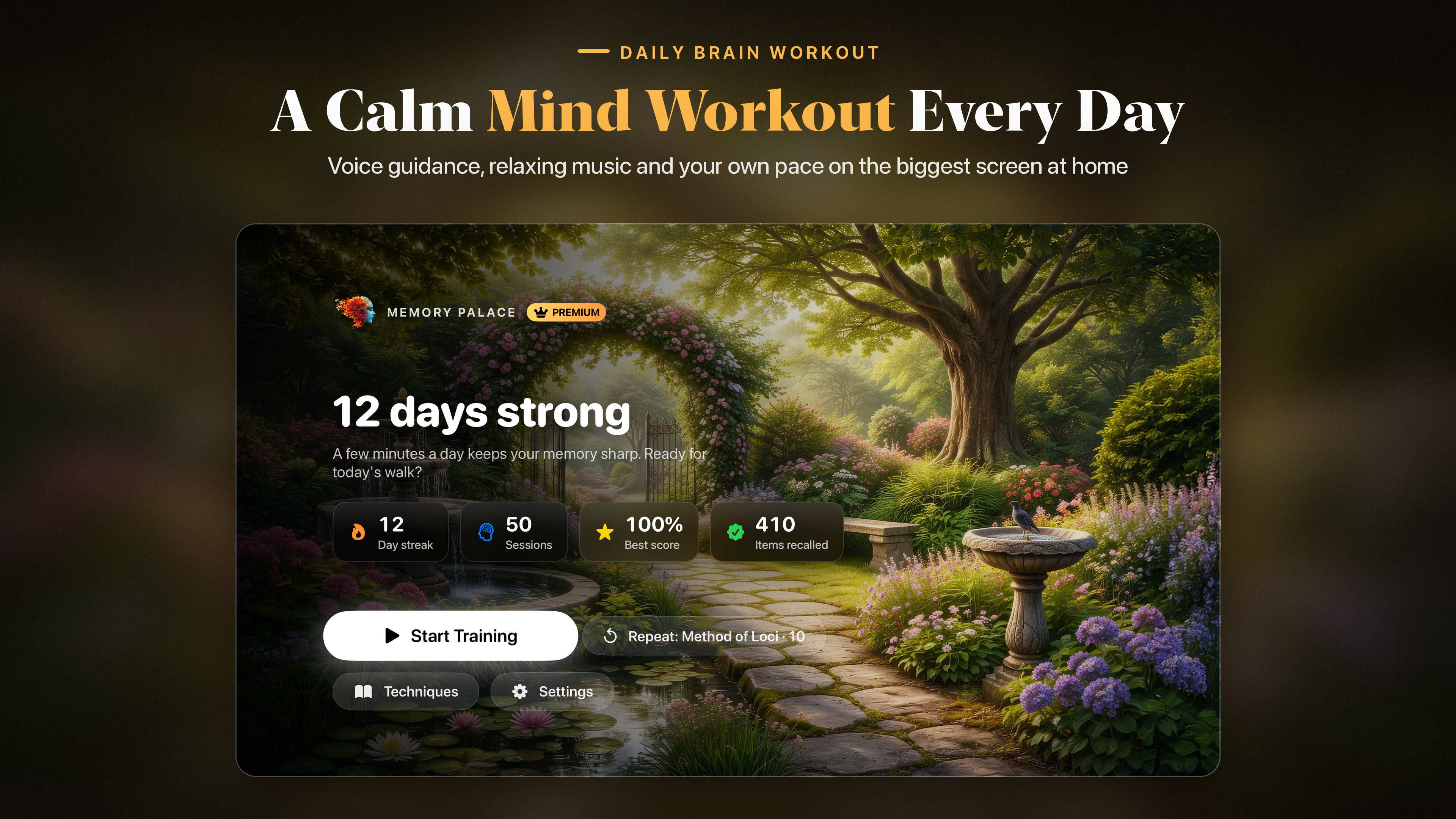 Memory Palace on Apple TV: the home screen with day streak, sessions and best score in the Garden Path