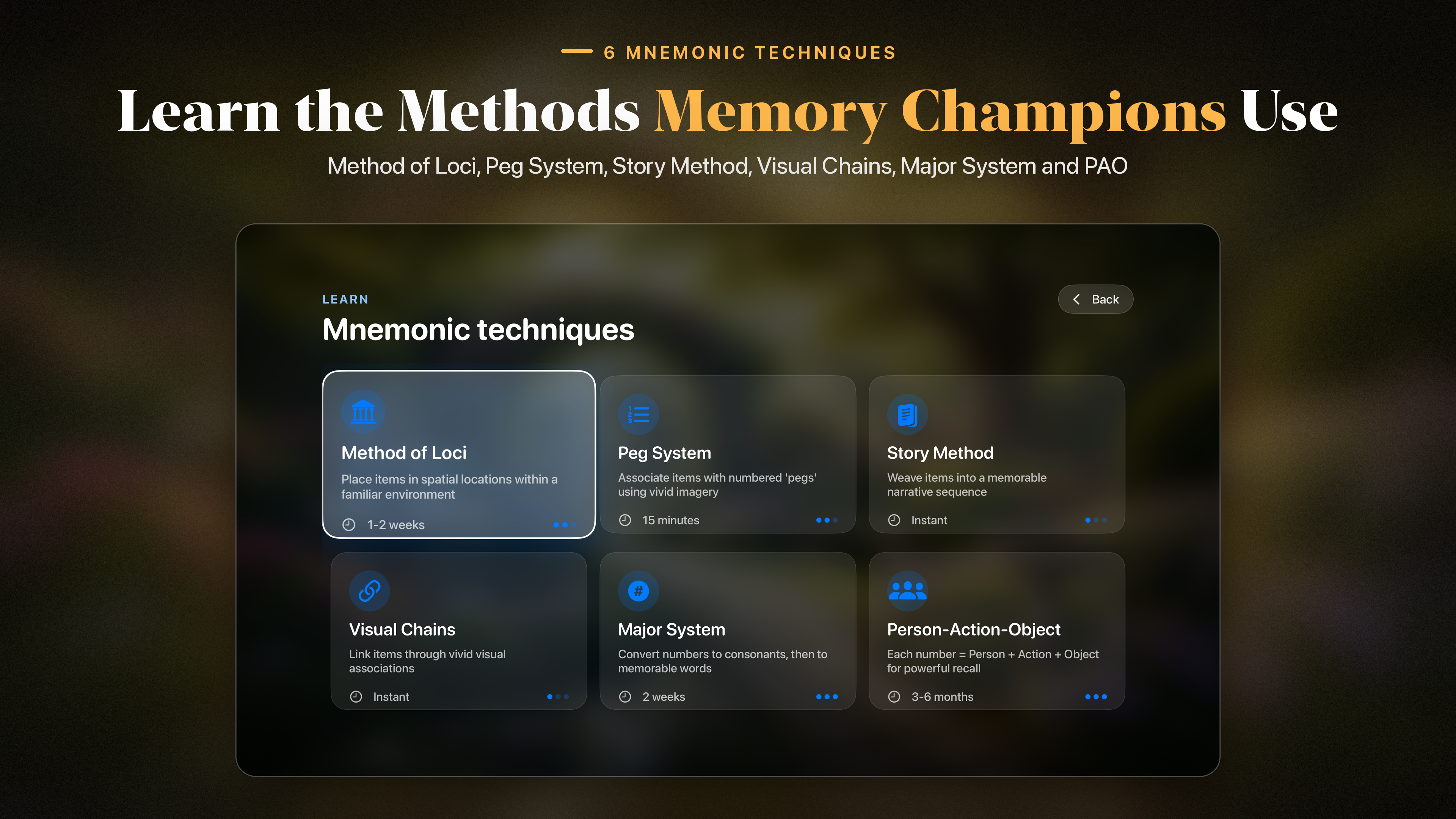 Memory Palace on Apple TV listing six mnemonic techniques, with Person-Action-Object estimated at three to six months to learn