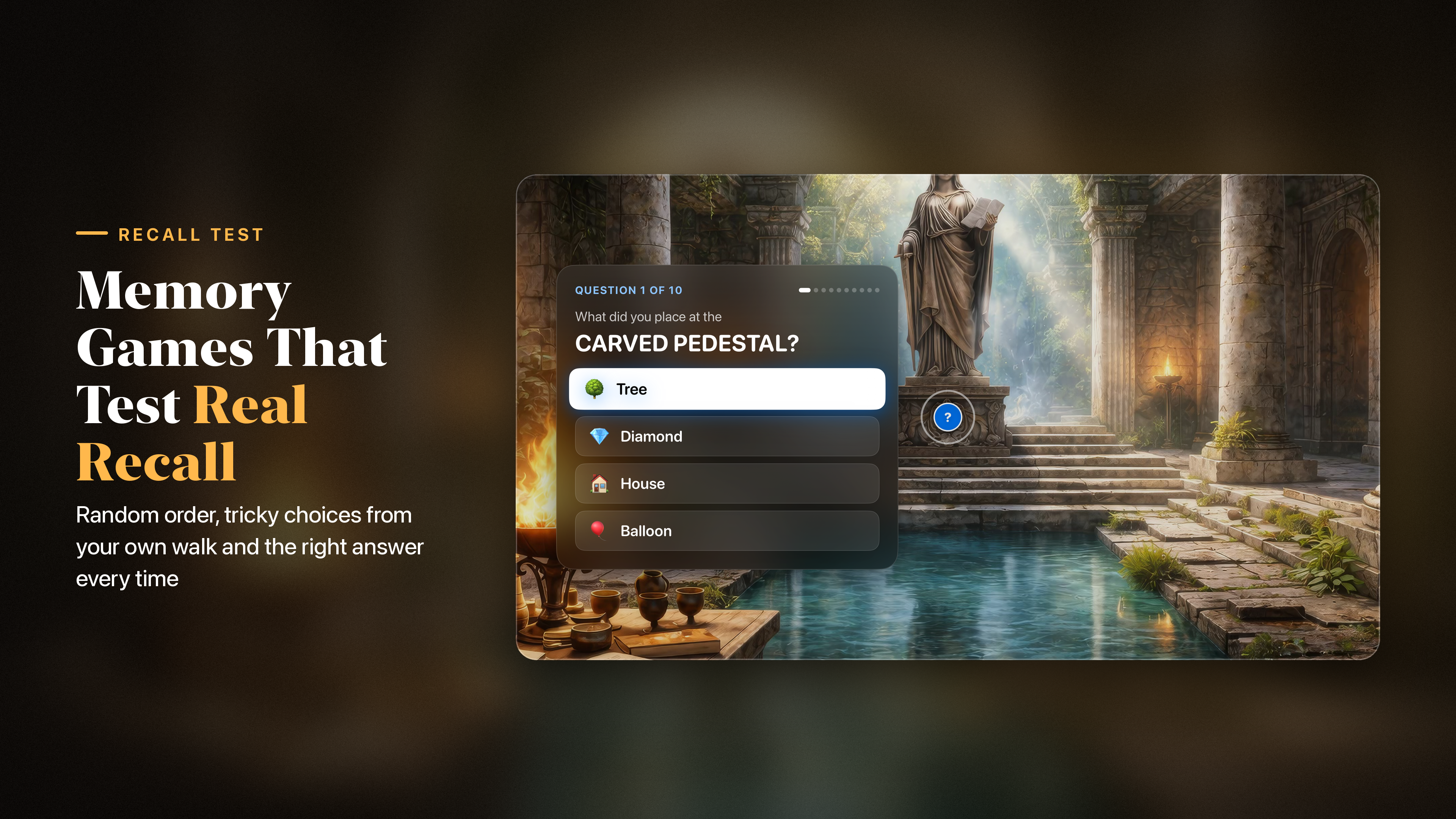 Memory Palace on Apple TV asking what was placed at the carved pedestal, with four choices from the same walk