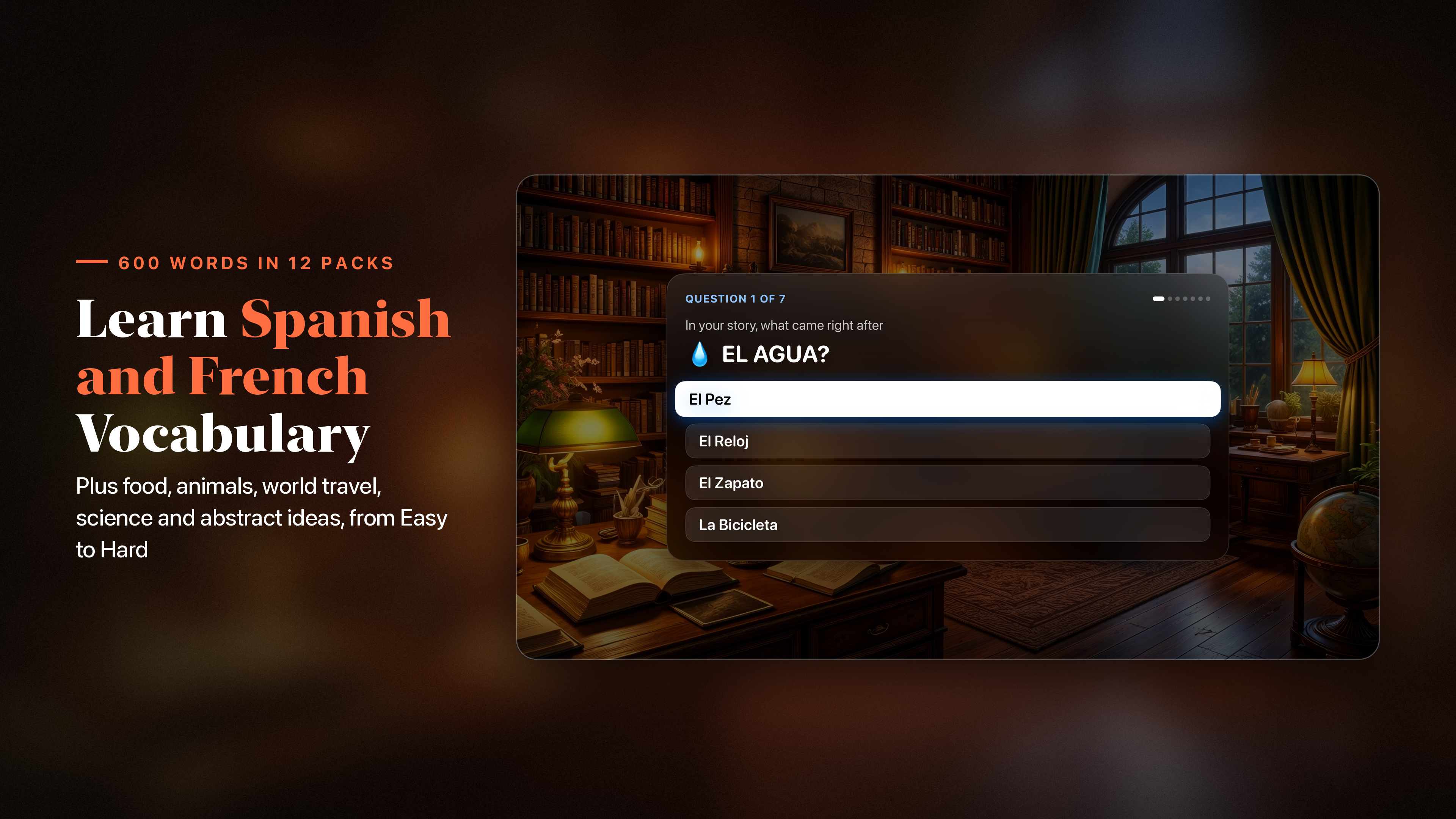 Memory Palace on Apple TV asking which Spanish word came right after el agua, with choices el pez, el reloj, el zapato and la bicicleta