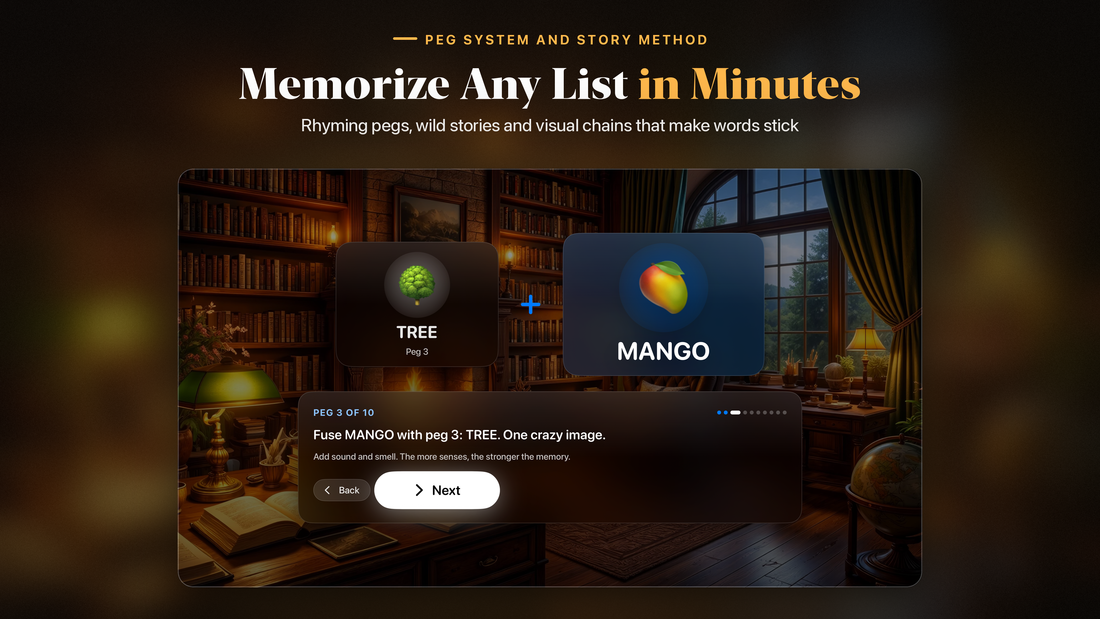 Memory Palace on Apple TV fusing the word MANGO with peg 3, TREE, in one image