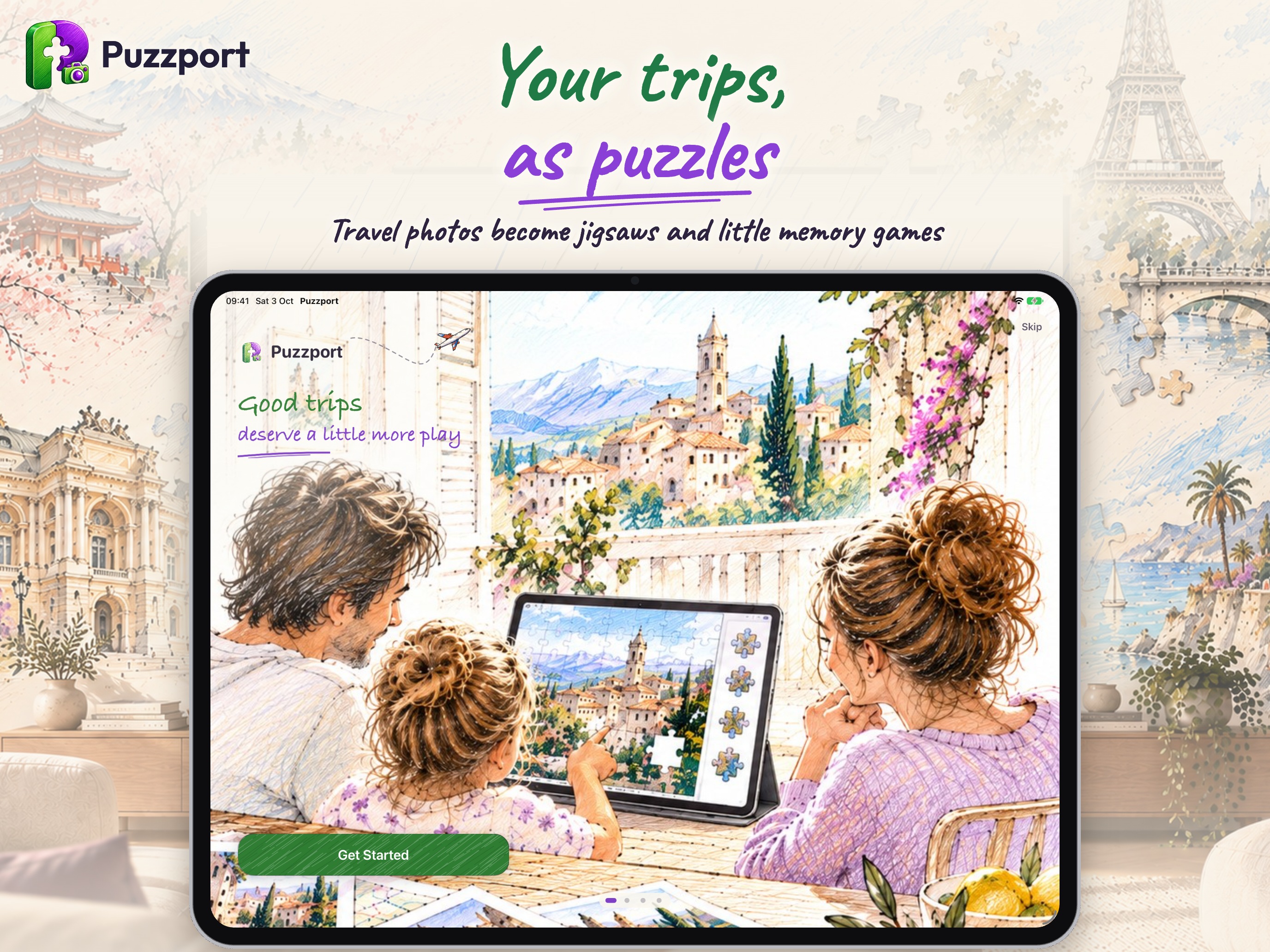 Puzzport on iPad: trip photos turned into jigsaws and little memory games