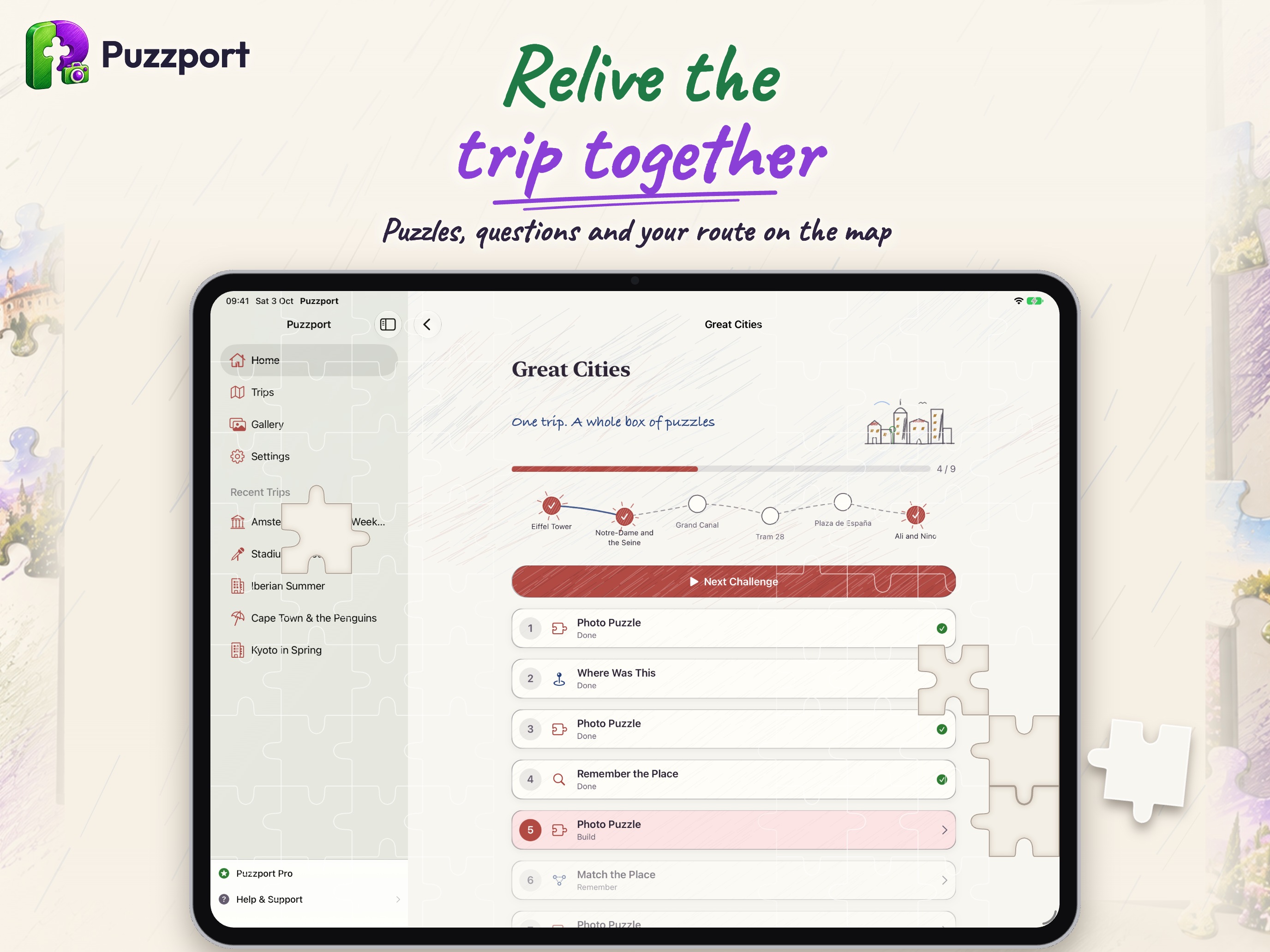 Puzzport on iPad: a trip pack with puzzles, questions and the route on the map