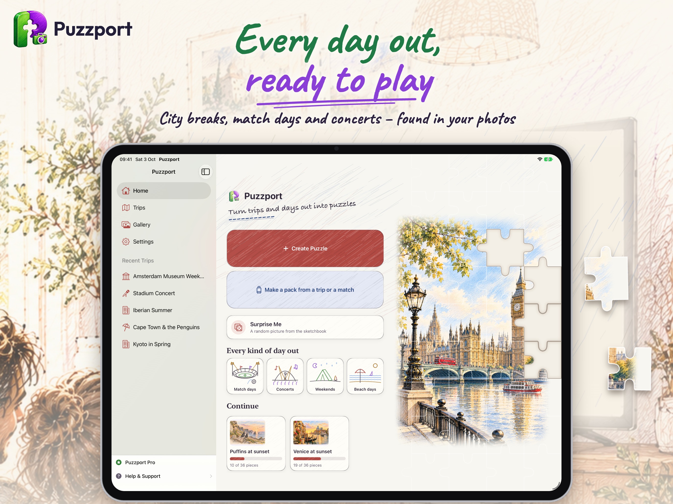 Puzzport on iPad: city breaks, match days and concerts found in your photos