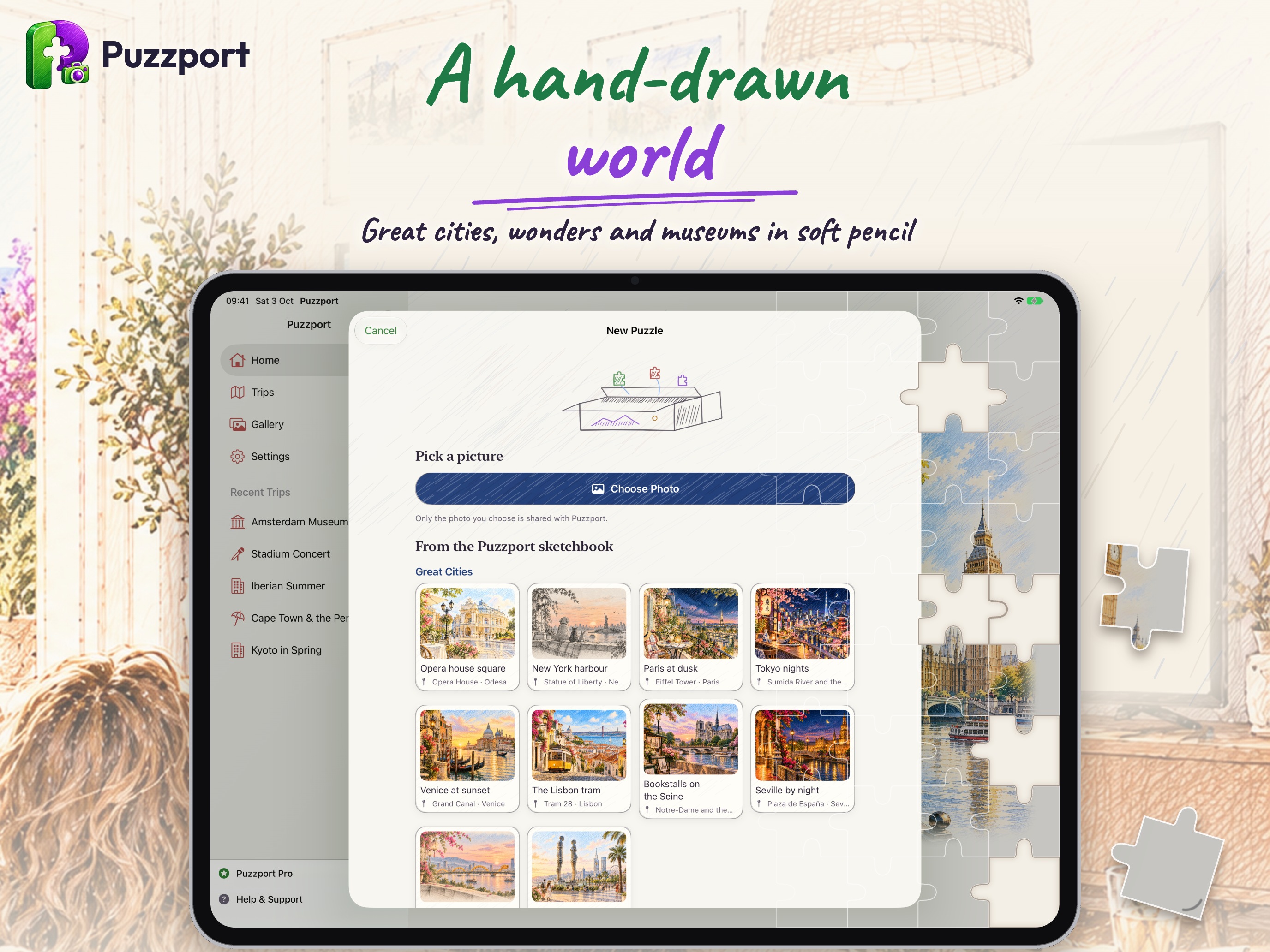 Puzzport on iPad: the hand-drawn sketchbook of great cities, wonders and museums