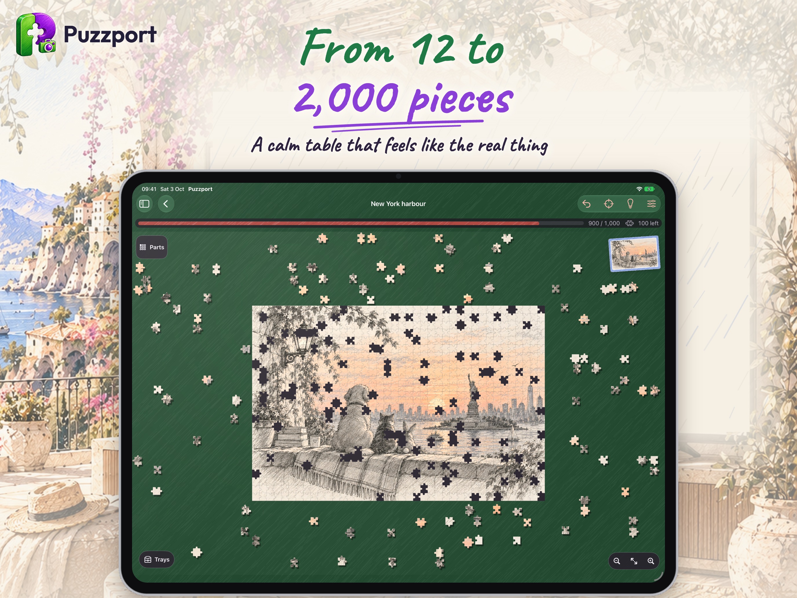 Puzzport on iPad: a large puzzle on a calm table that feels like the real thing