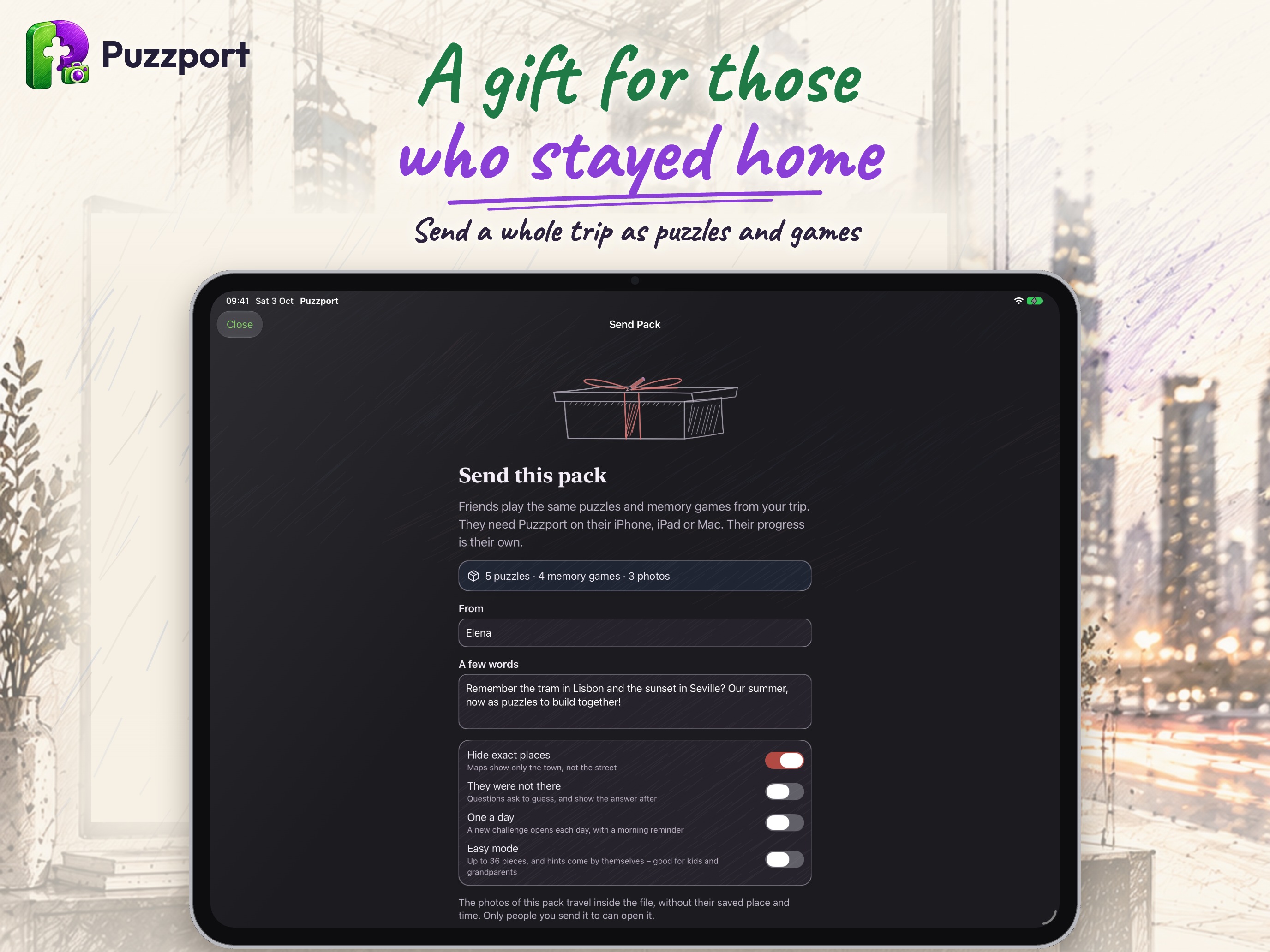 Puzzport on iPad: sending a whole trip as puzzles and games to those who stayed home