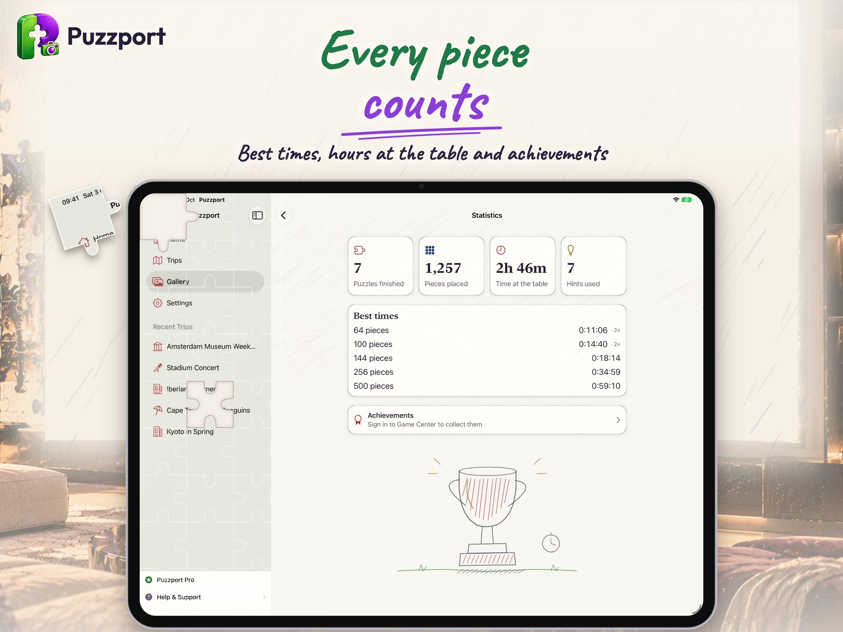 Puzzport on iPad: statistics with best times, hours at the table and achievements