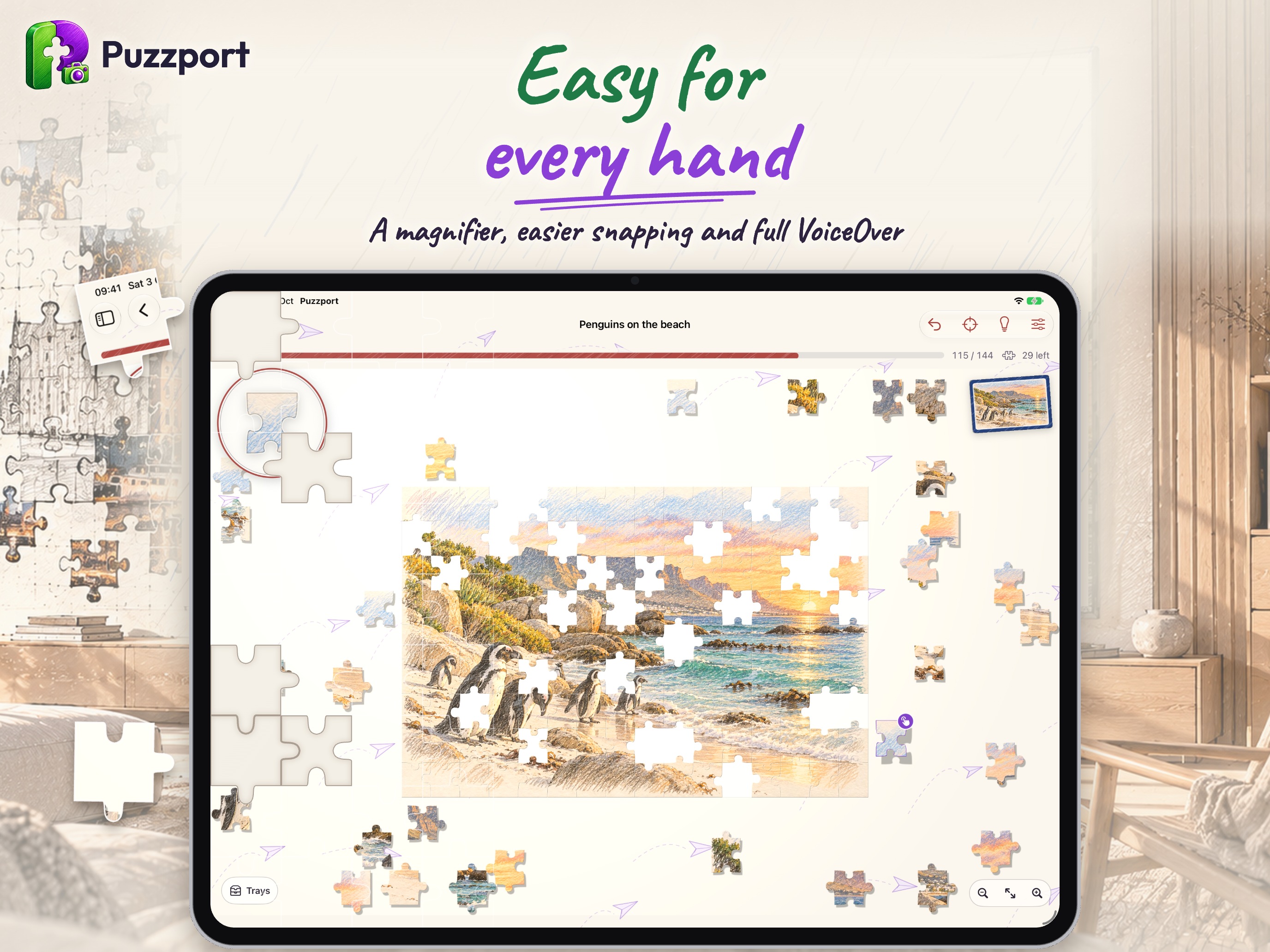 Puzzport on iPad: a magnifier, easier snapping and full VoiceOver support