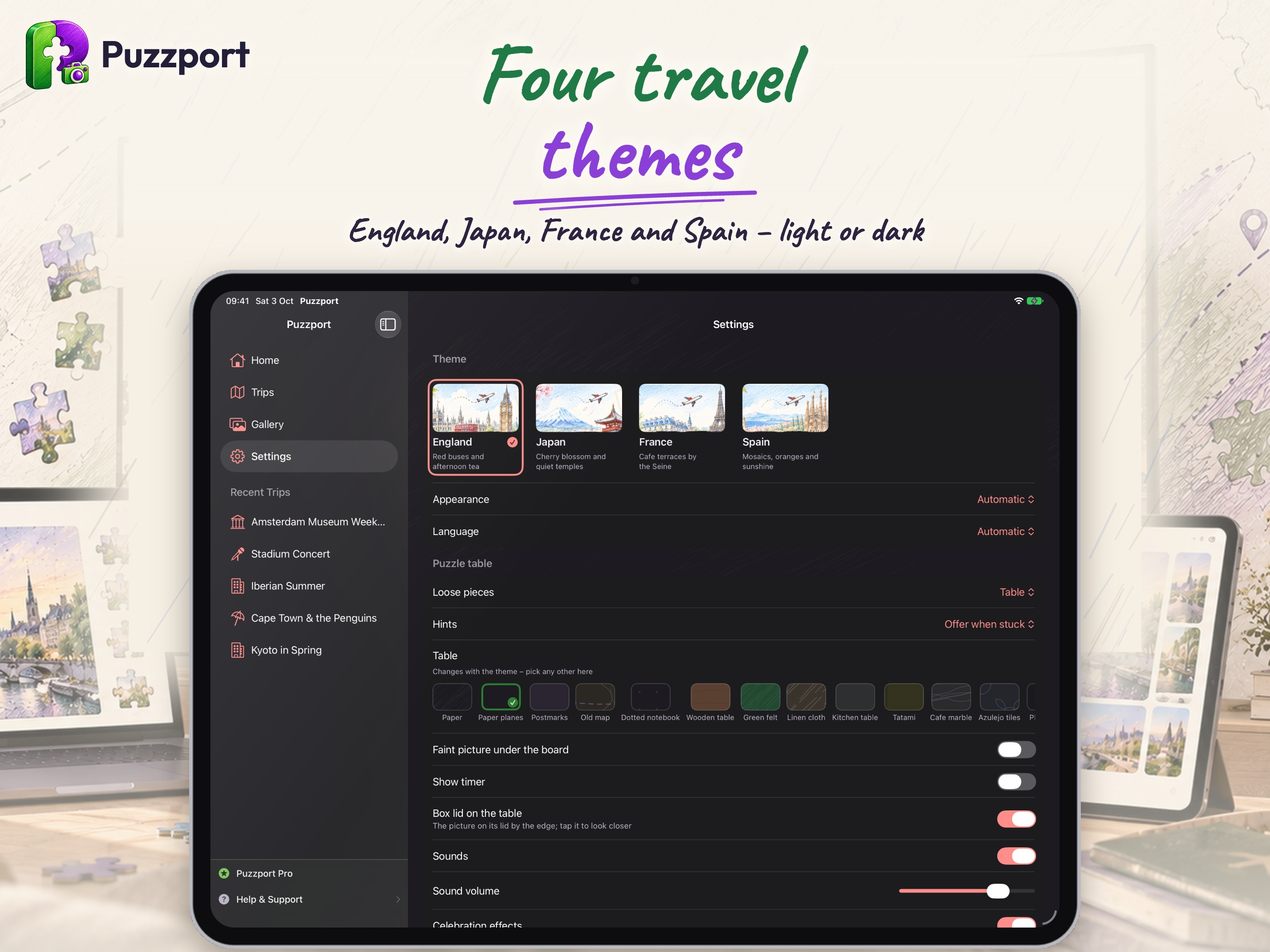 Puzzport on iPad: four travel themes in light or dark
