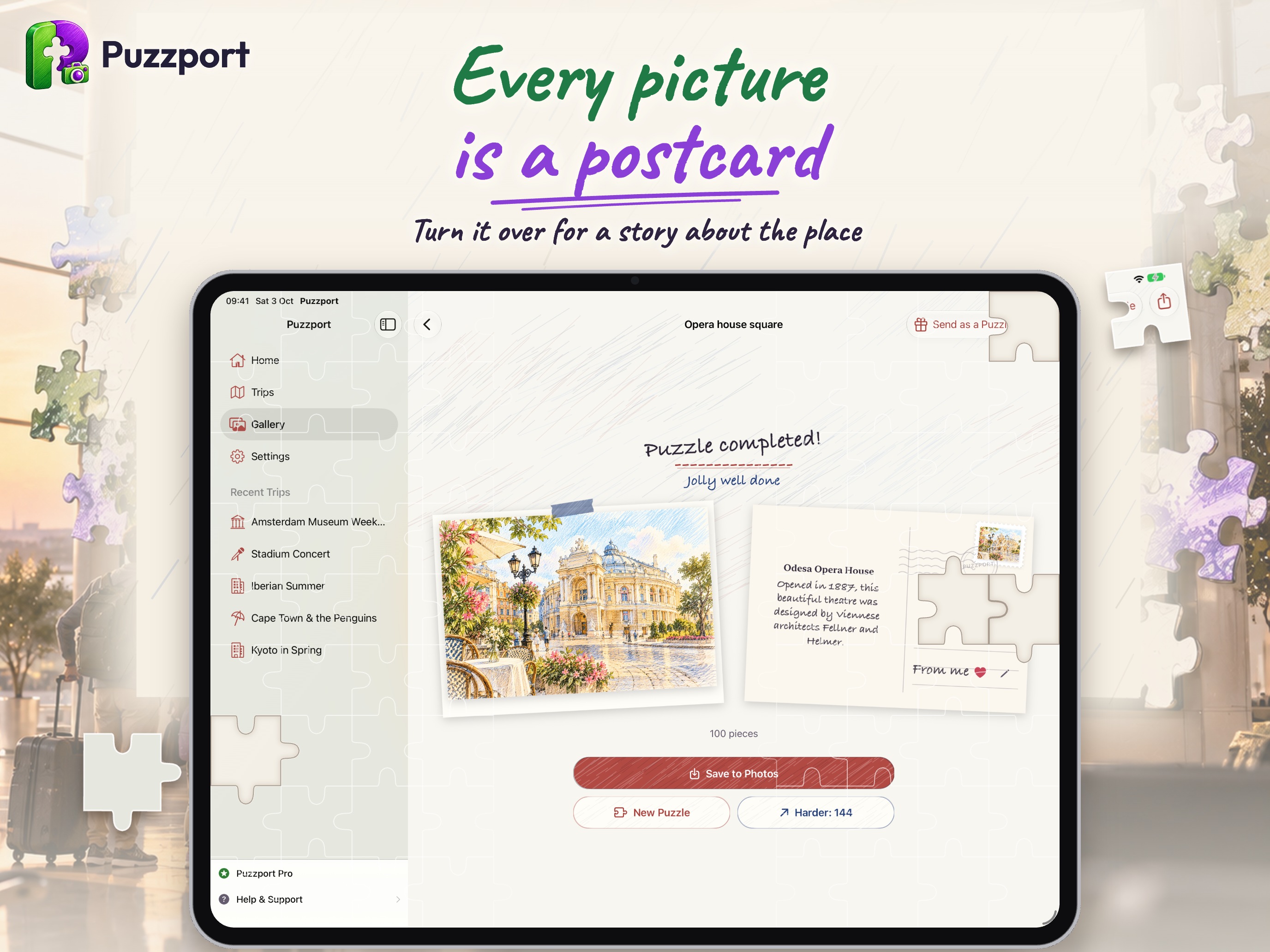 Puzzport on iPad: a finished puzzle turned over into a postcard about the place