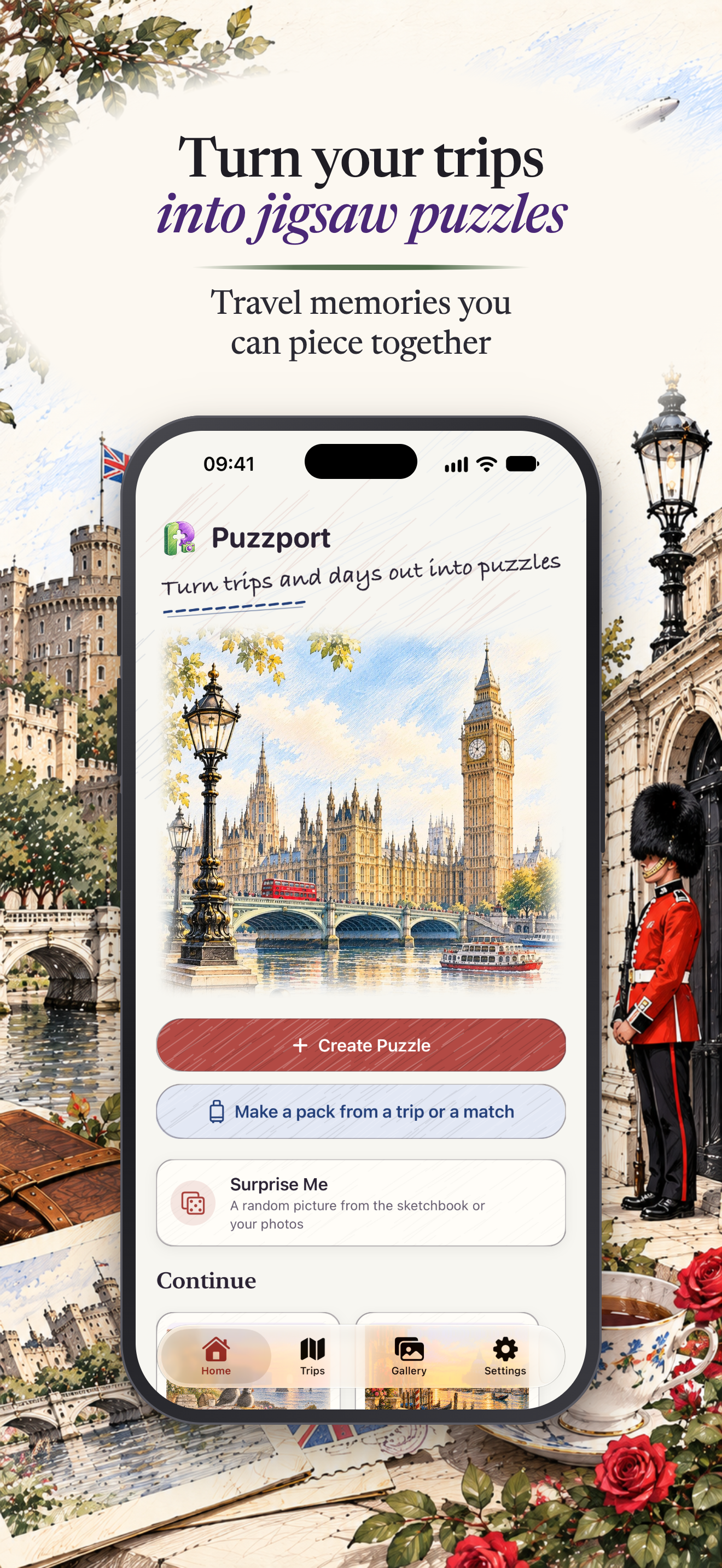 Puzzport on iPhone: the home screen, turning trips and days out into puzzles