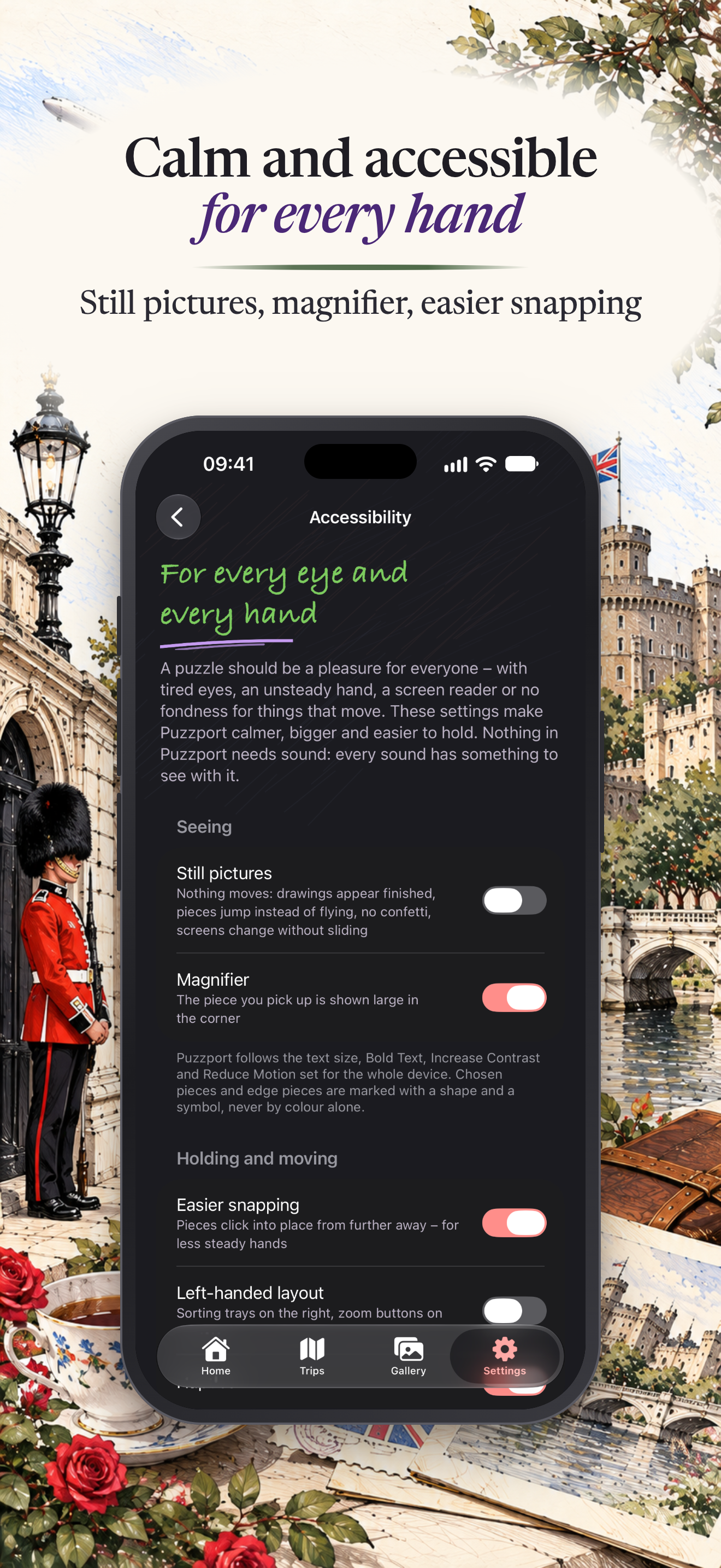 Puzzport on iPhone: accessibility settings: still pictures, a magnifier and easier snapping