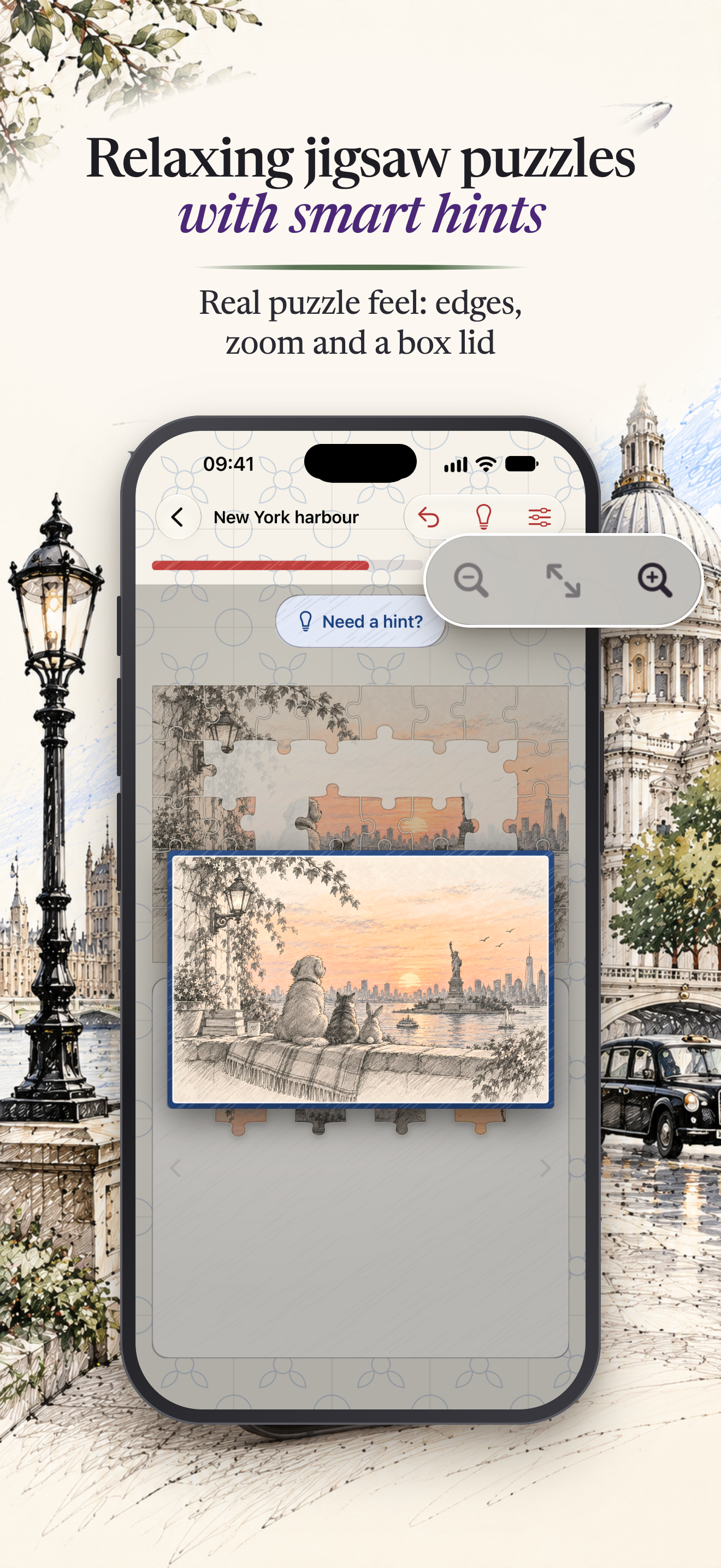 Puzzport on iPhone: a relaxing jigsaw with zoom and a smart hint