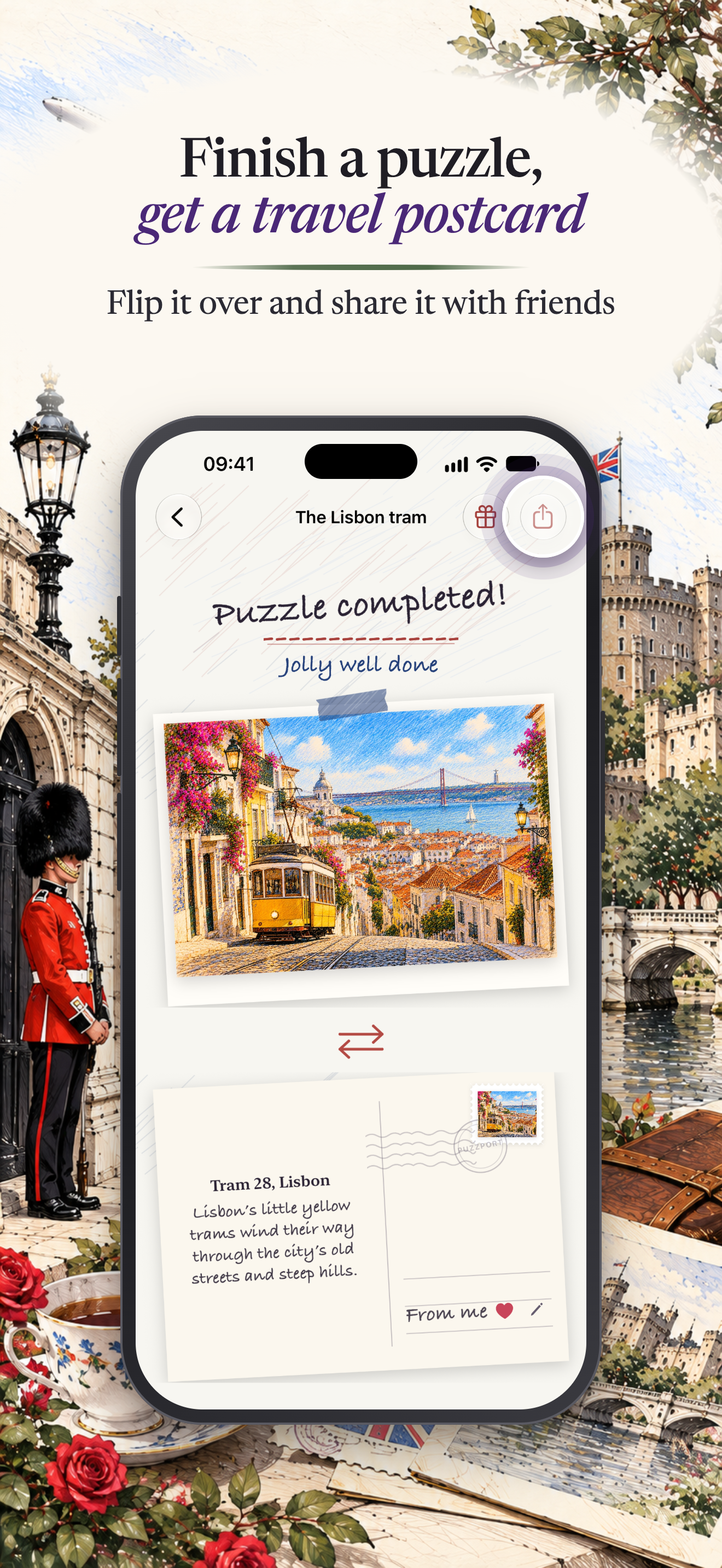 Puzzport on iPhone: a finished puzzle turning into a travel postcard to share